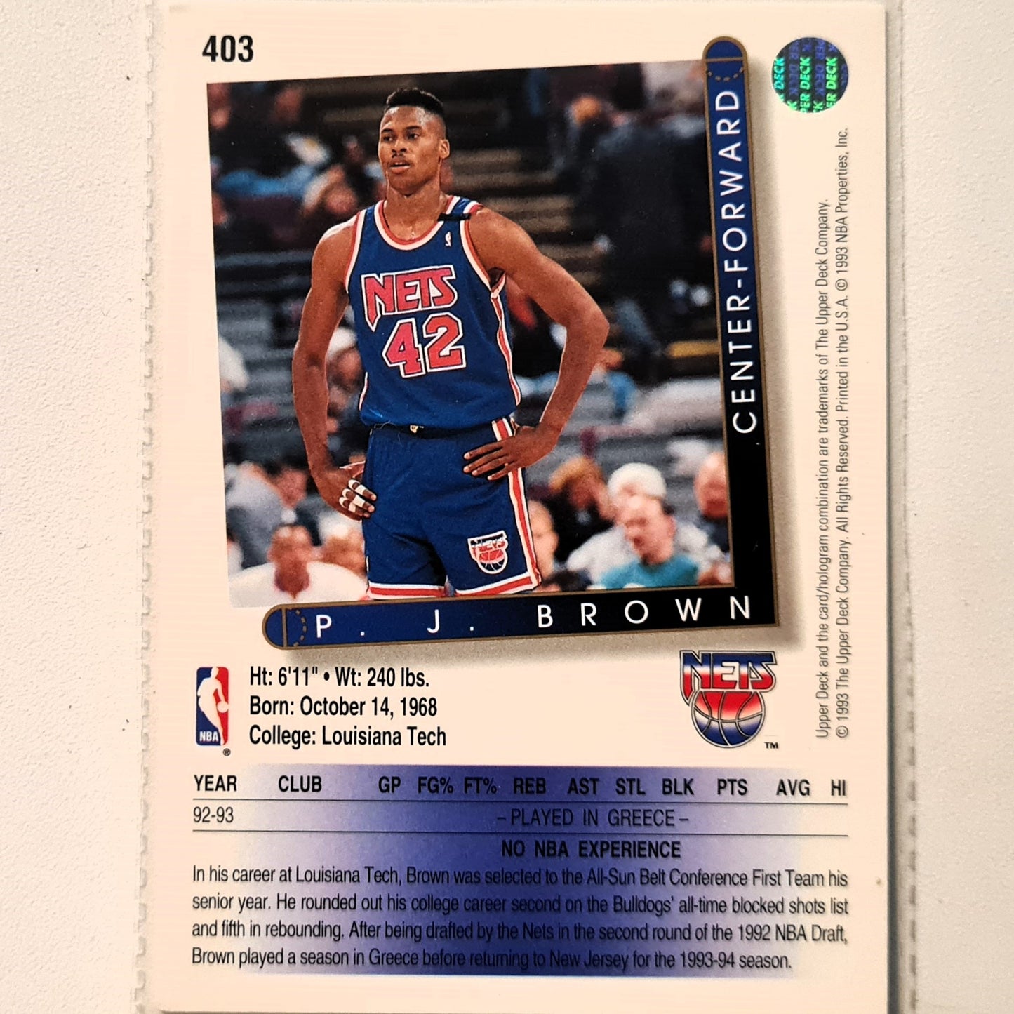 PJ Brown 1993 Upper Deck #403 NBA Basketball New Jersey Nets Excellent Sleeved