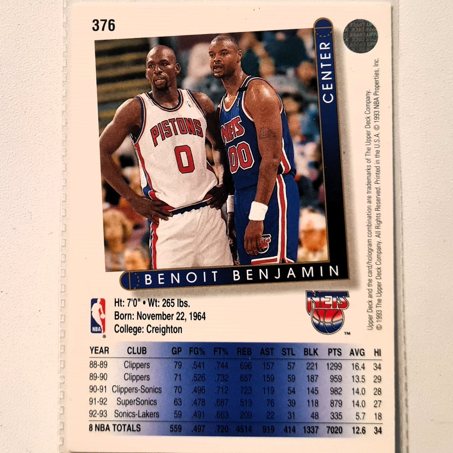 Benoit Benjamin 1993 Upper Deck #376 NBA Basketball New Jersey Nets Excellent Sleeved