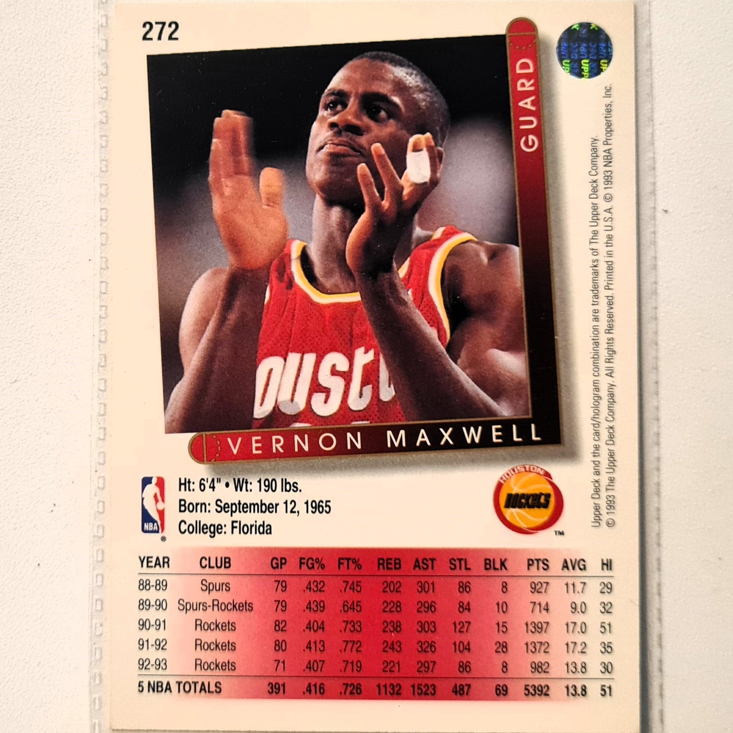 Vernon Maxwell 1993 Upper Deck #272 NBA Basketball Houston Rockets Excellent Sleeved