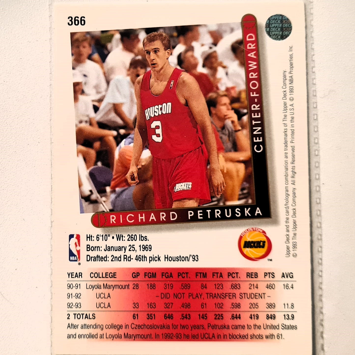 Richard Petruska 1993 Upper Deck #366 NBA Basketball Houston Rockets Excellent Sleeved