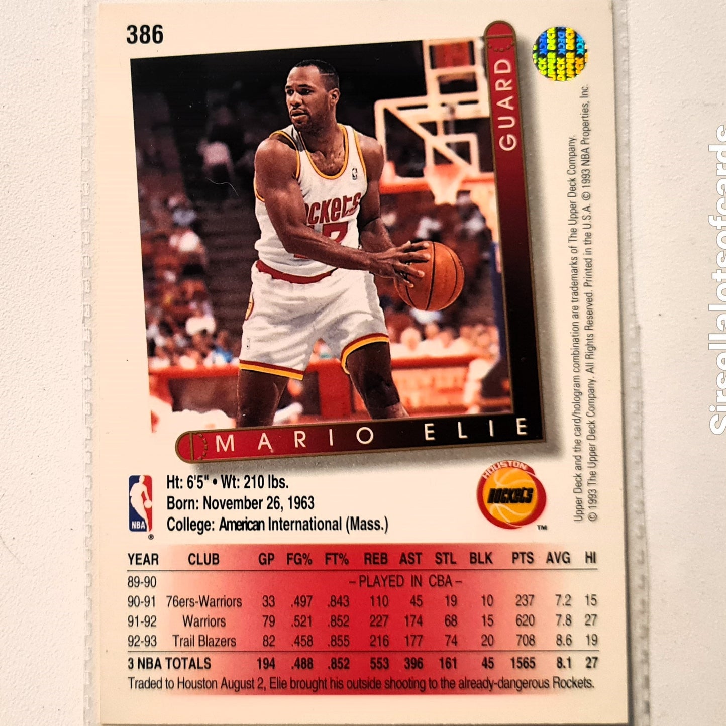 Mario Ellis 1993 Upper Deck #386 NBA Basketball Houston Rockets Excellent Sleeved