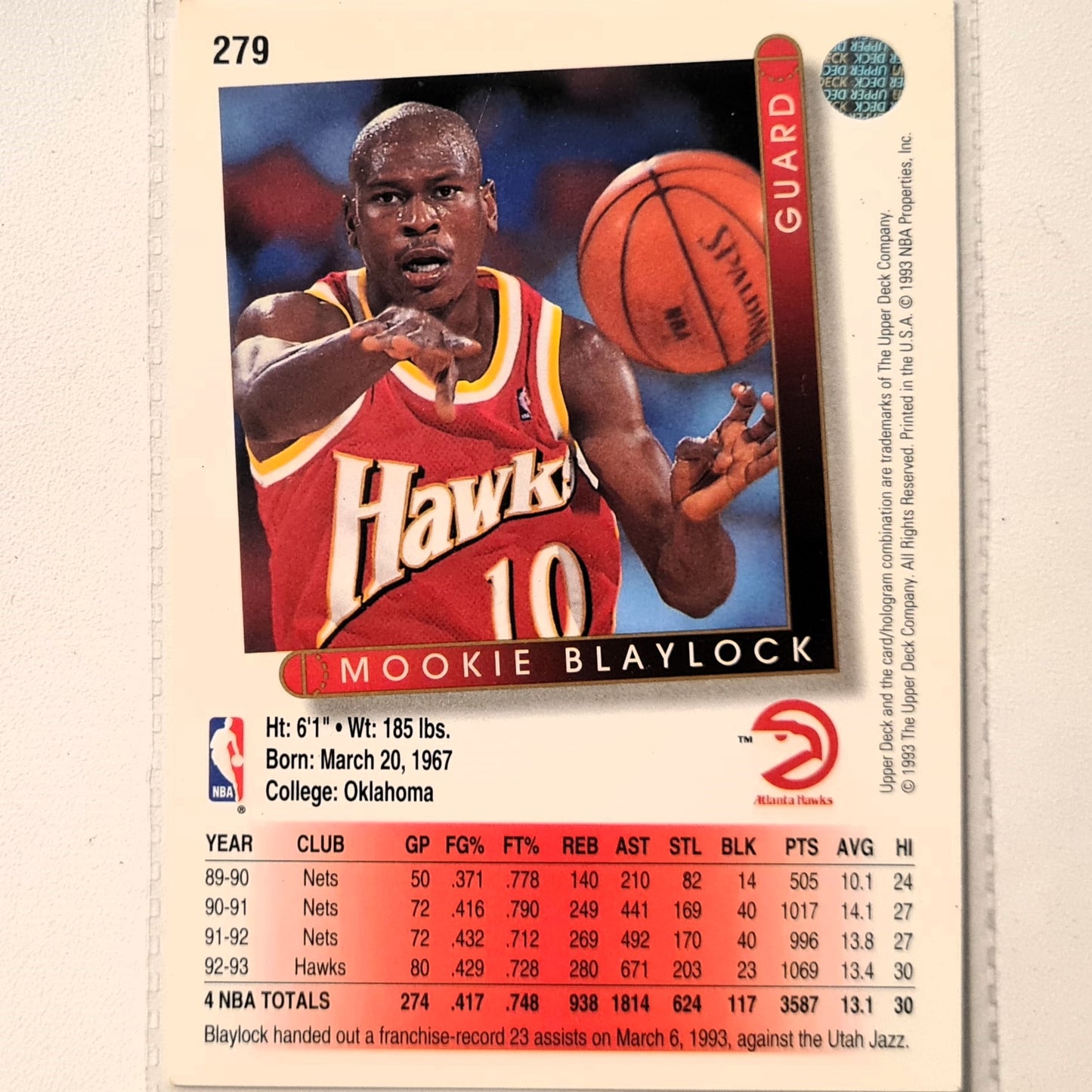 Mookie Blaylock 1993 Upper Deck #279 NBA Basketball Houston Rockets Excellent Sleeved