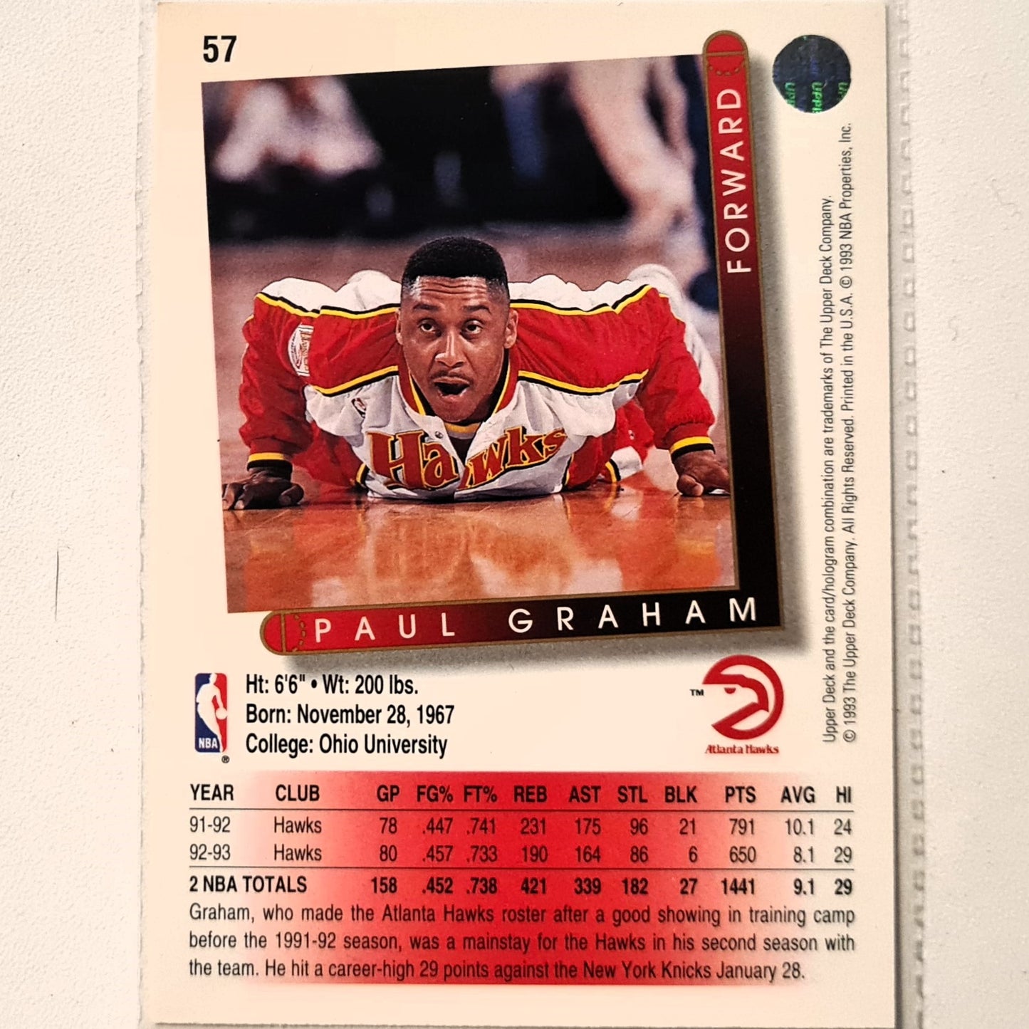 Paul Graham 1993 Upper Deck #57 NBA Basketball Atlanta Hawks Excellent Sleeved