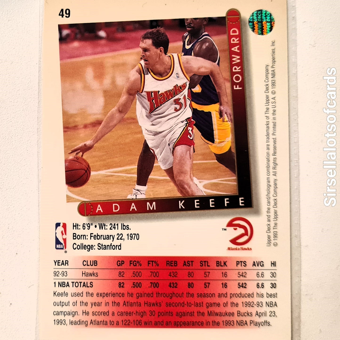 Adam Keefe 1993 Upper Deck #49 NBA Basketball Atlanta Hawks Excellent Sleeved