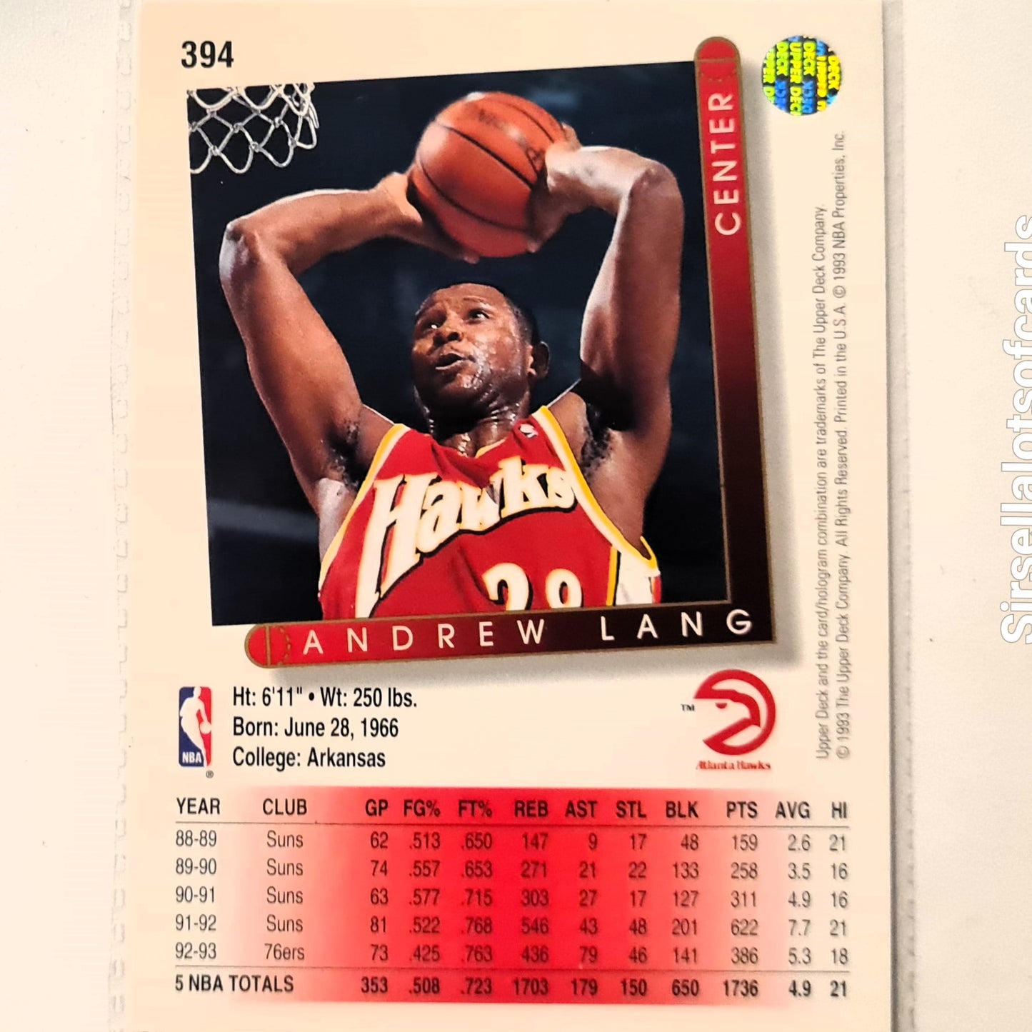 Andrew Lang 1993 Upper Deck #394 NBA Basketball Atlanta Hawks Excellent Sleeved