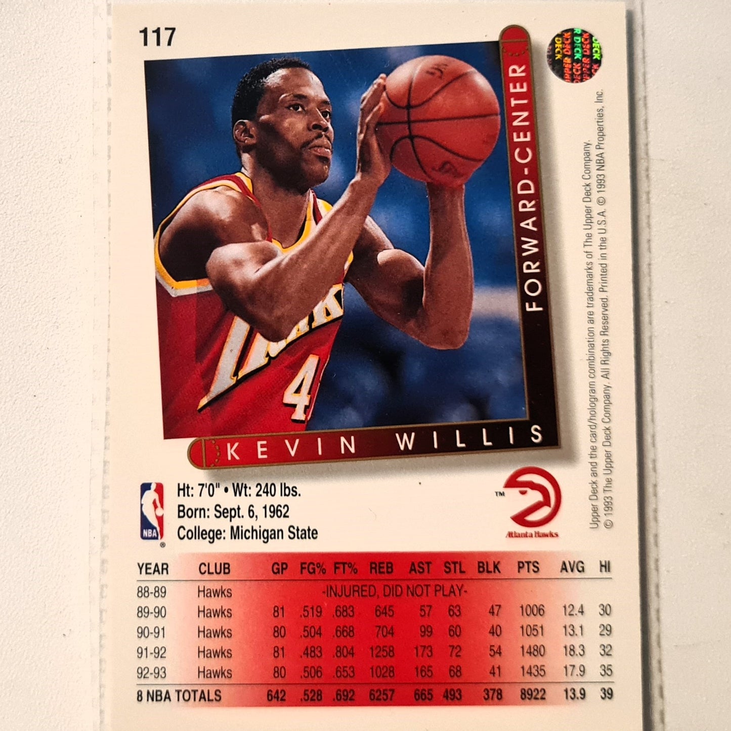 Kevin Willis 1993 Upper Deck #117 NBA Basketball Atlanta Hawks Excellent Sleeved