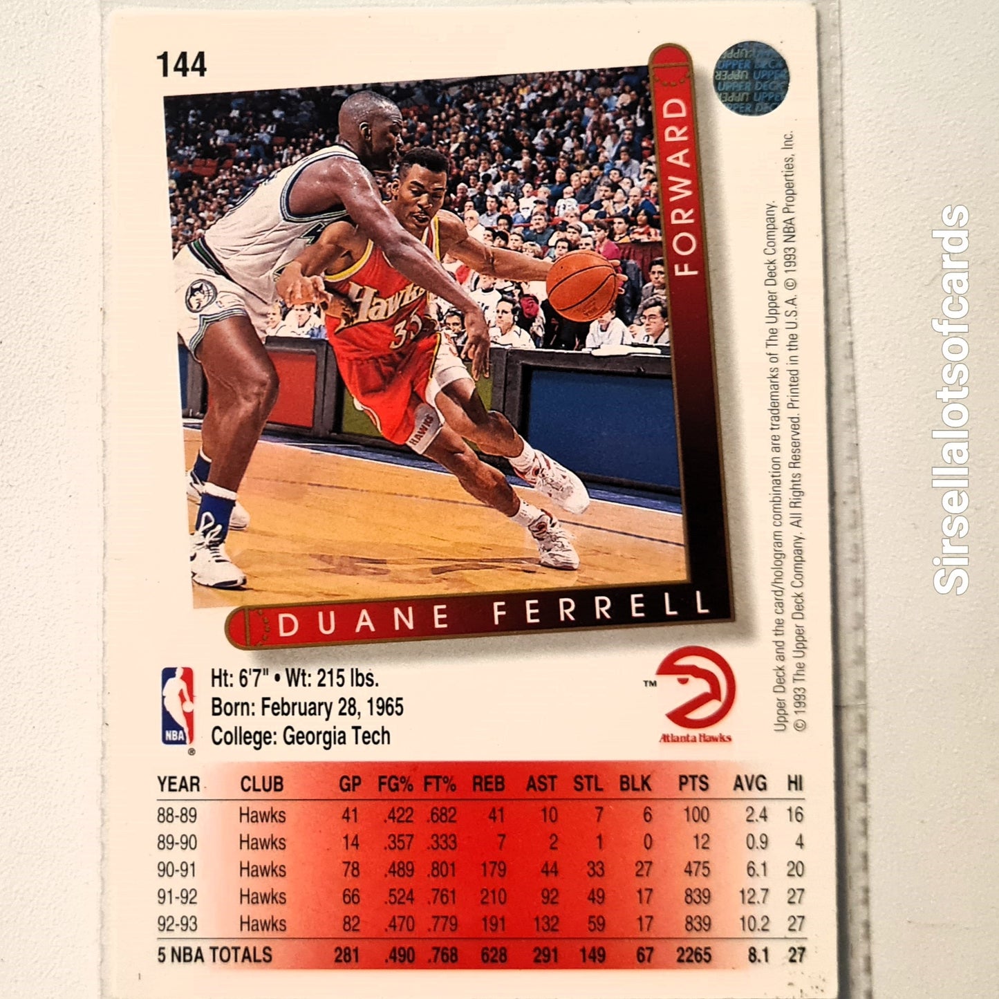 Duane Ferrell 1993 Upper Deck #144 NBA Basketball Atlanta Hawks Excellent Sleeved