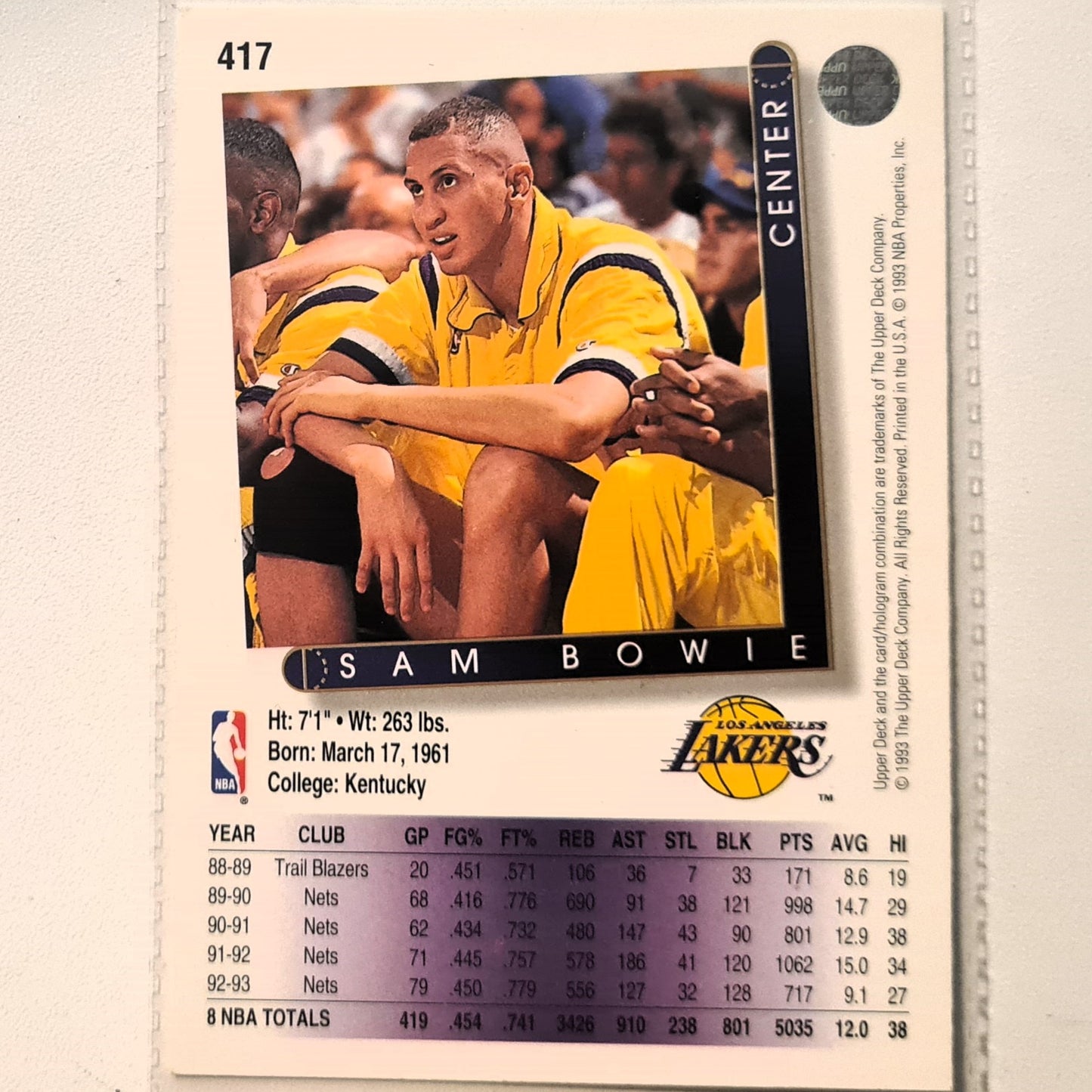 Sam Bowie 1993 Upper Deck #417 NBA Basketball LA Lakers Excellent Sleeved