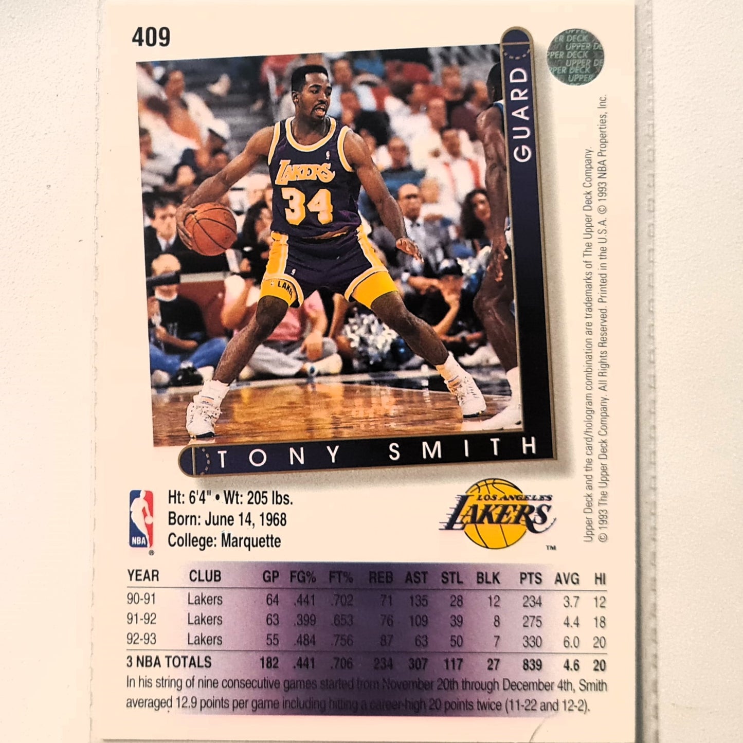 Tony Smith 1993 Upper Deck #409 NBA Basketball LA Lakers Excellent Sleeved