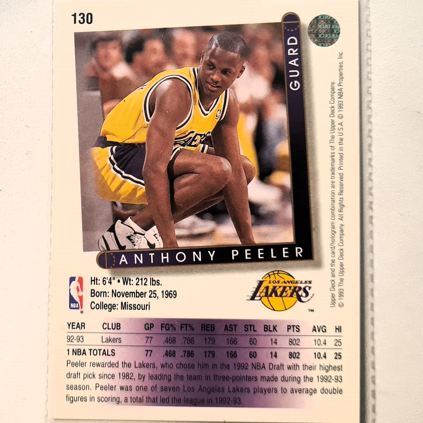 Anthony Peeler 1993 Upper Deck #130 NBA Basketball LA Lakers Excellent Sleeved