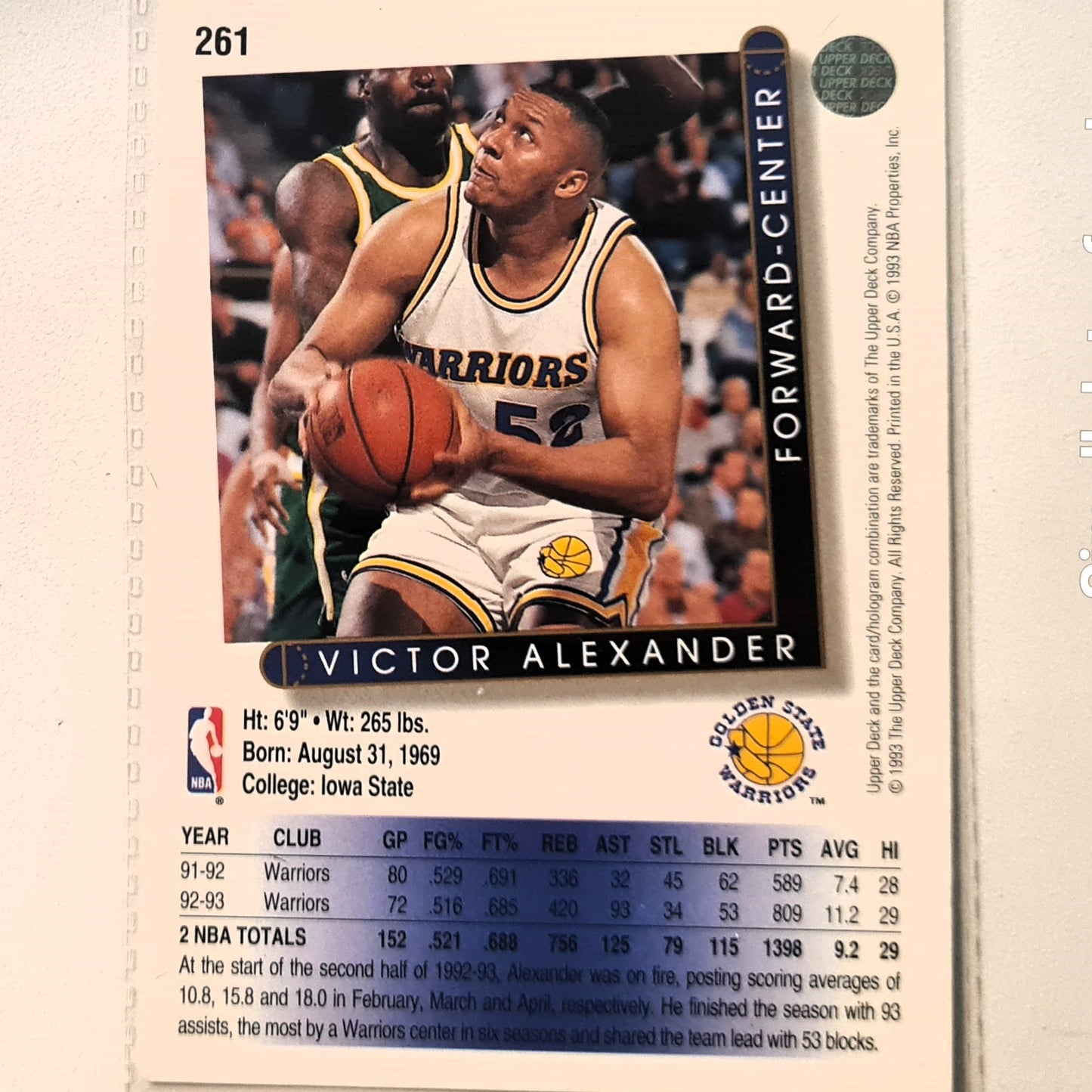 victor Alexander 1993 Upper Deck #261 NBA Basketball Golden State Warriors Excellent Sleeved