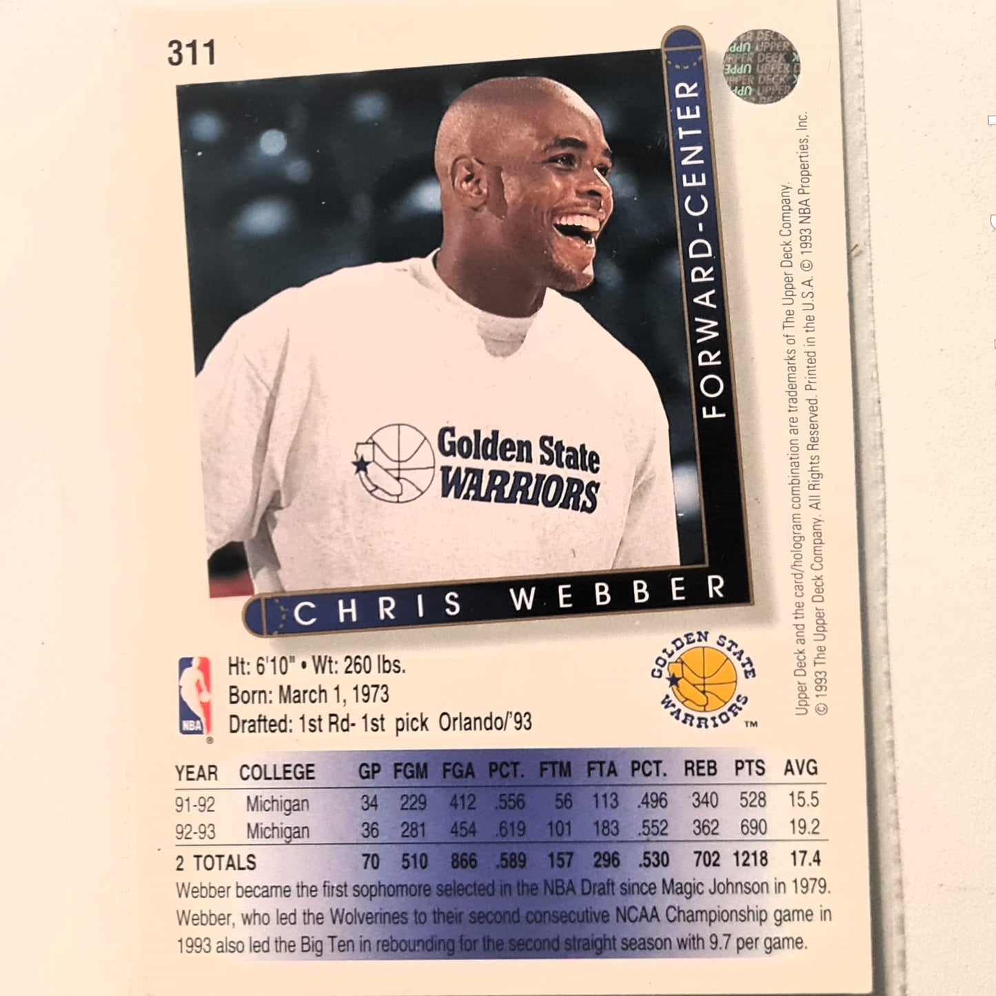 Chris Webber 1993 Upper Deck Rookie RC #311 NBA Basketball Golden State Warriors Excellent Sleeved