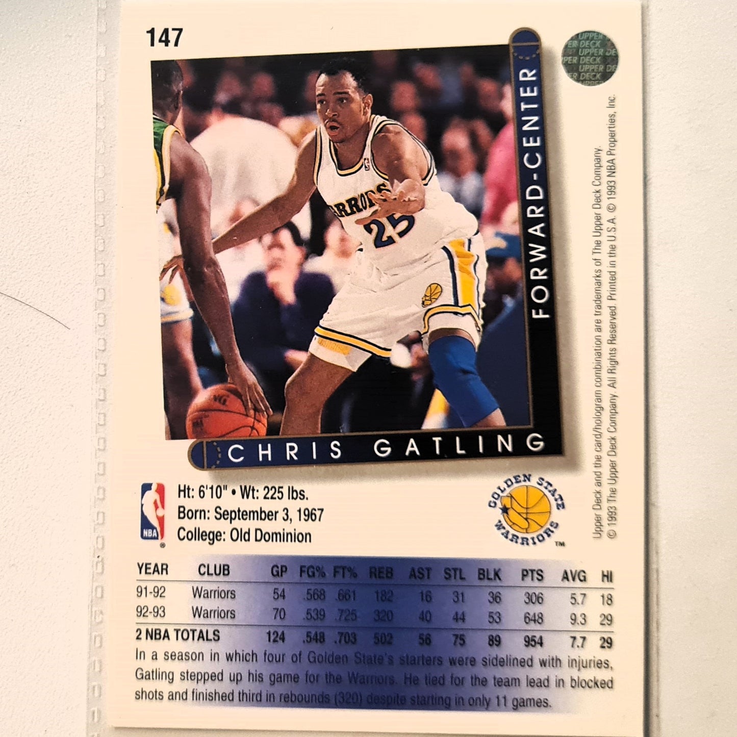 Chris Gatling 1993 Upper Deck Rookie RC #147 NBA Basketball Golden State Warriors Excellent Sleeved