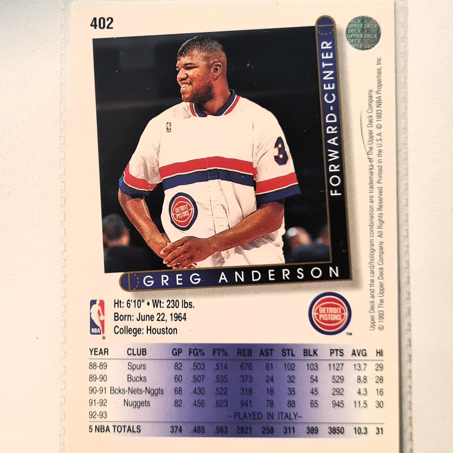 Greg Anderson 1993 Upper Deck #402 NBA Basketball Detroit Pistons Excellent Sleeved