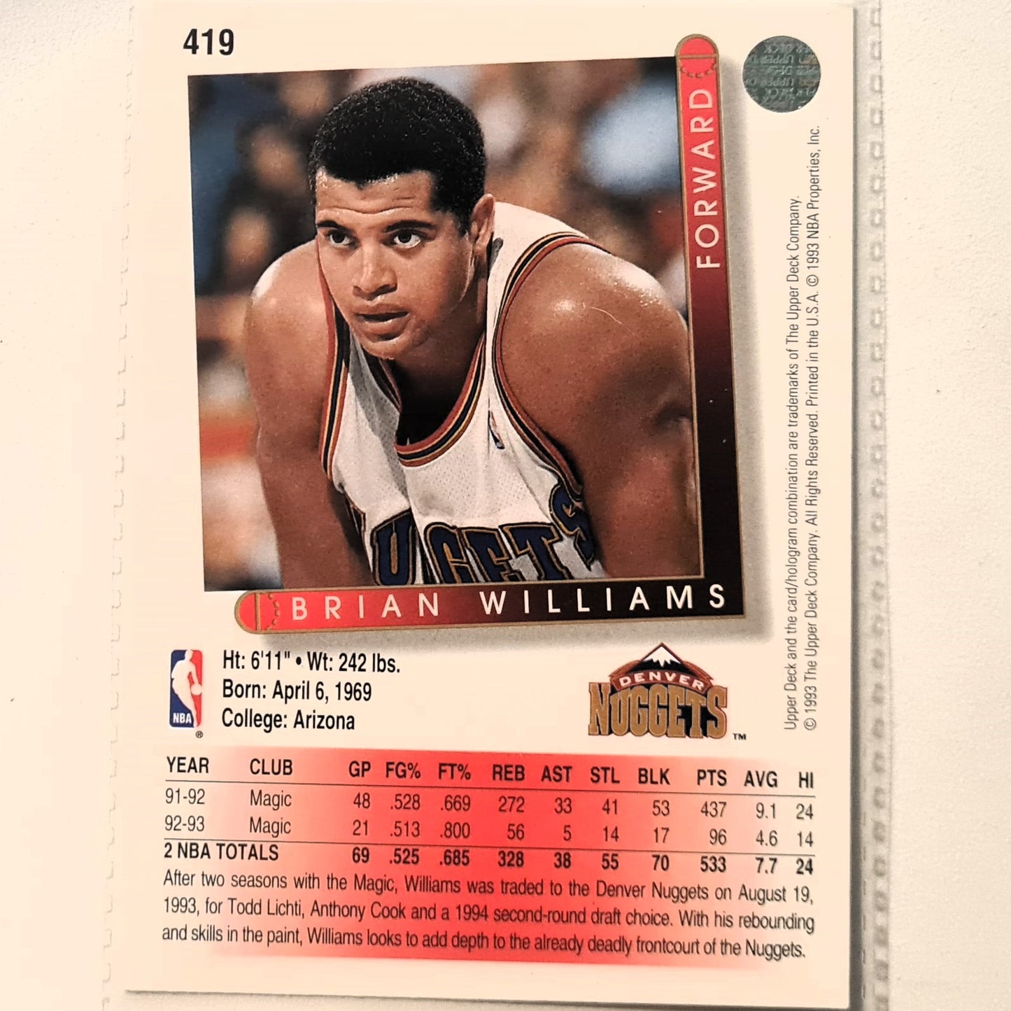 Brian Williams 1993 Upper Deck #419 NBA Basketball Denver Nuggets Excellent Sleeved