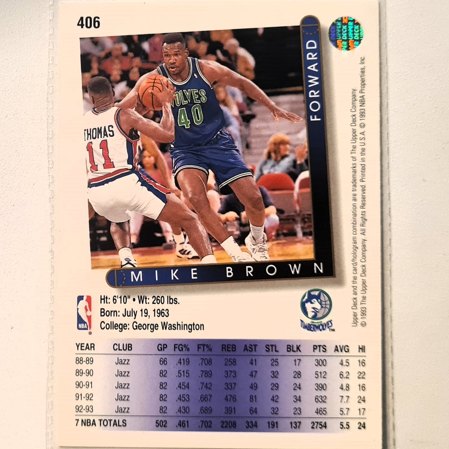 Mike Brown 1993 Upper Deck #406 NBA Basketball Minnesota Timberwolves Excellent Sleeved