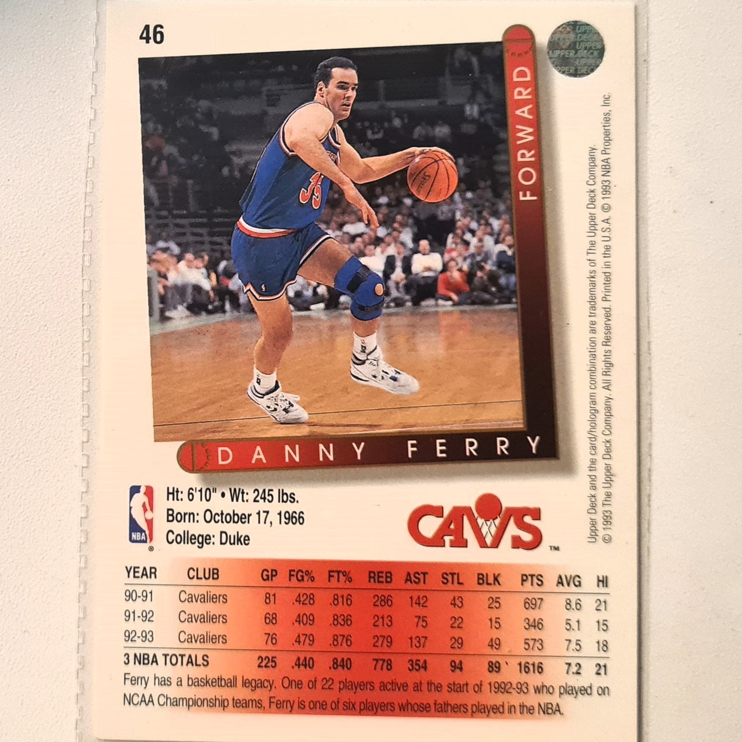 Danny Ferry 1993 Upper Deck #46 NBA Basketball Cleveland Cavaliers Excellent Sleeved