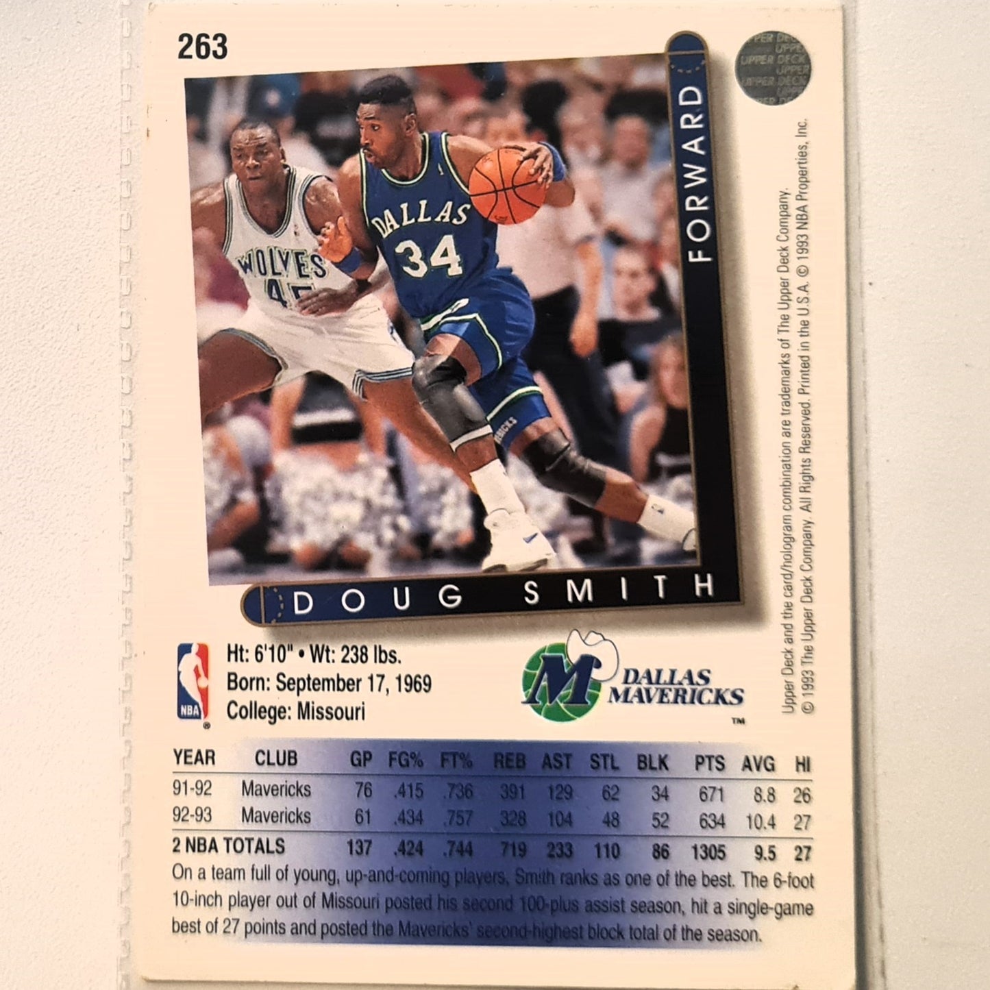 Doug Smith 1993 Upper Deck #263 NBA Basketball Dallas Mavericks Excellent Sleeved