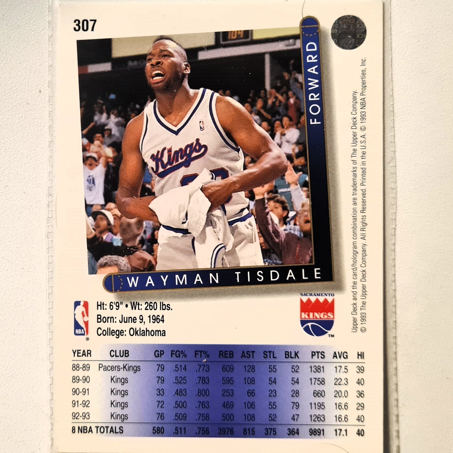 Wayman Tisdale 1993 Upper Deck #307 NBA Basketball Sacramento Kings Excellent Sleeved