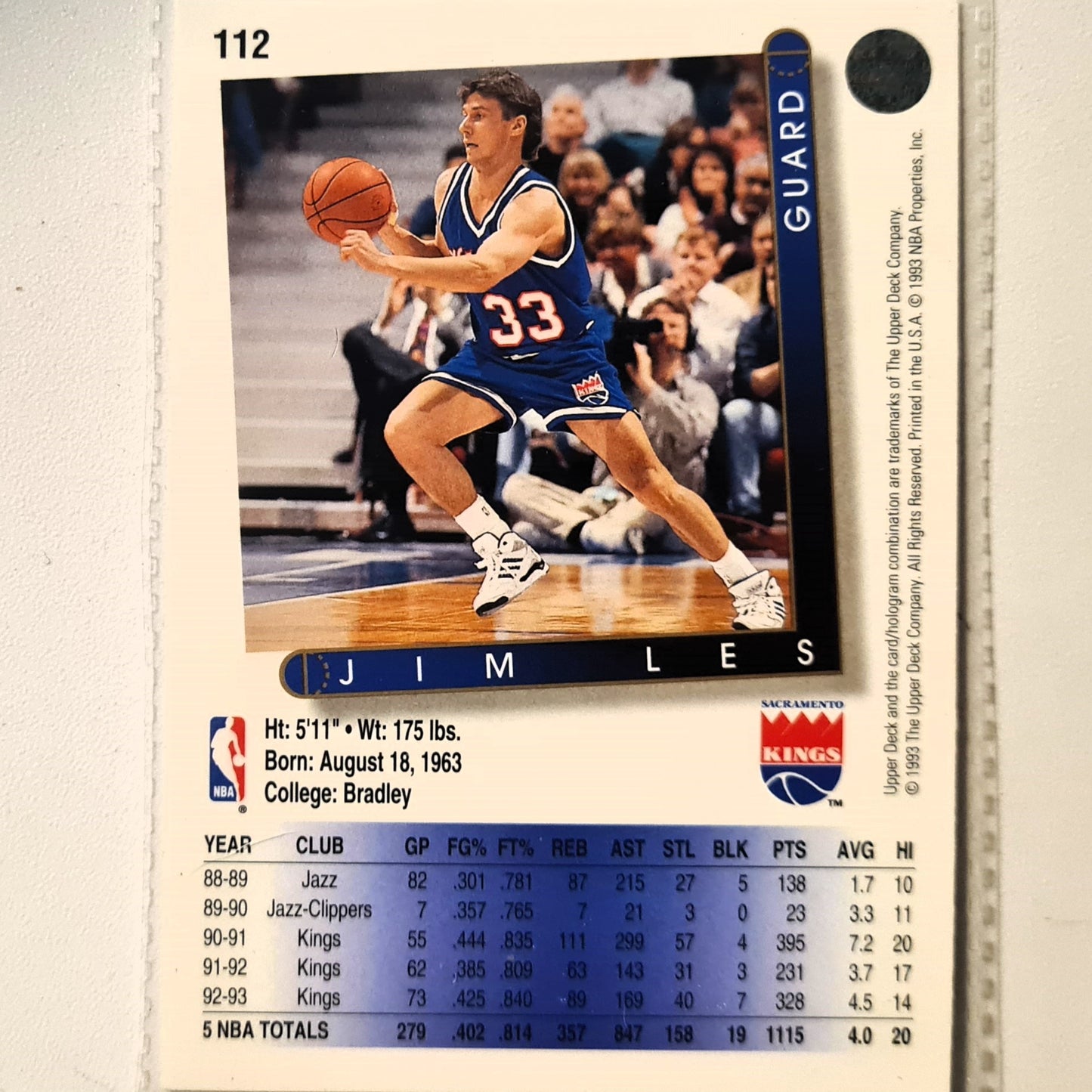 Jim Lers 1993 Upper Deck #112 NBA Basketball Sacramento Kings Excellent Sleeved