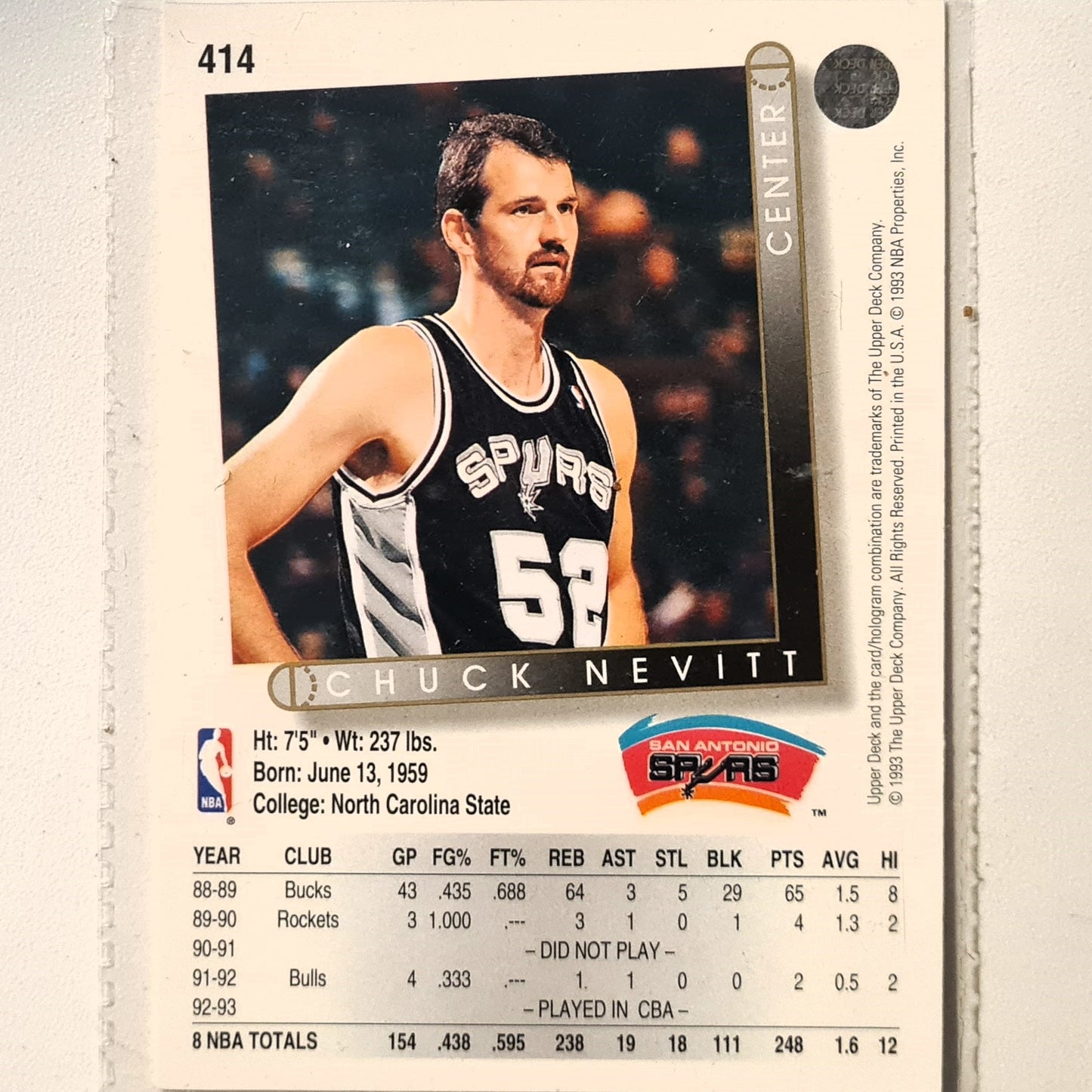 Chuck Nevitt 1993 Upper Deck #414 NBA Basketball San Antonio Spurs Excellent Sleeved