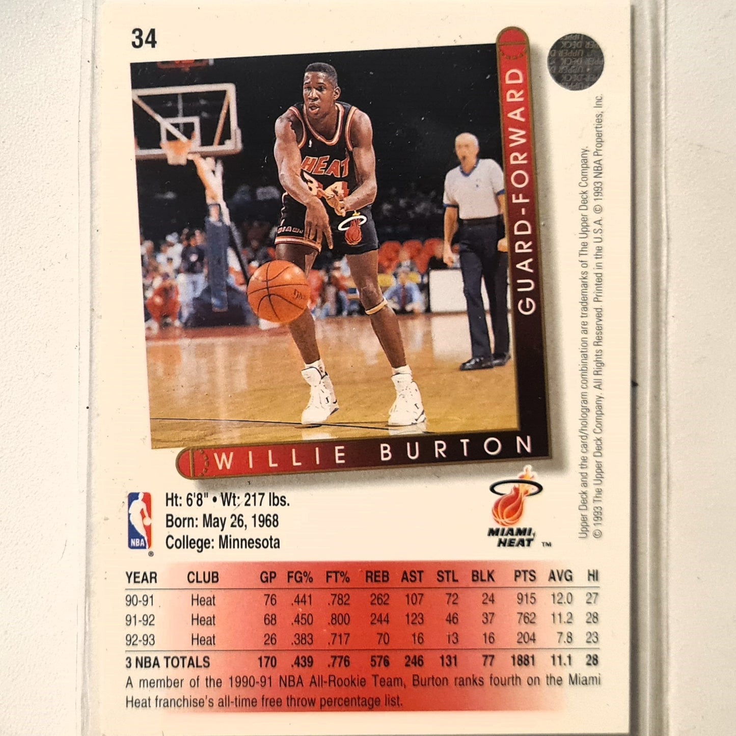 Willie Burton 1993 Upper Deck #34 NBA Basketball Miami Heat Excellent Sleeved