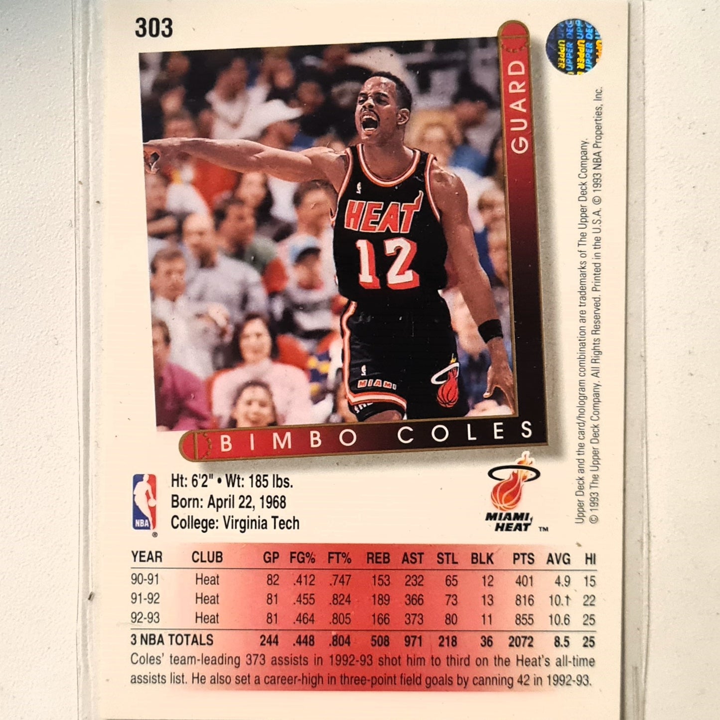 Bimbo Coles 1993 Upper Deck #303 NBA Basketball Miami Heat Excellent Sleeved