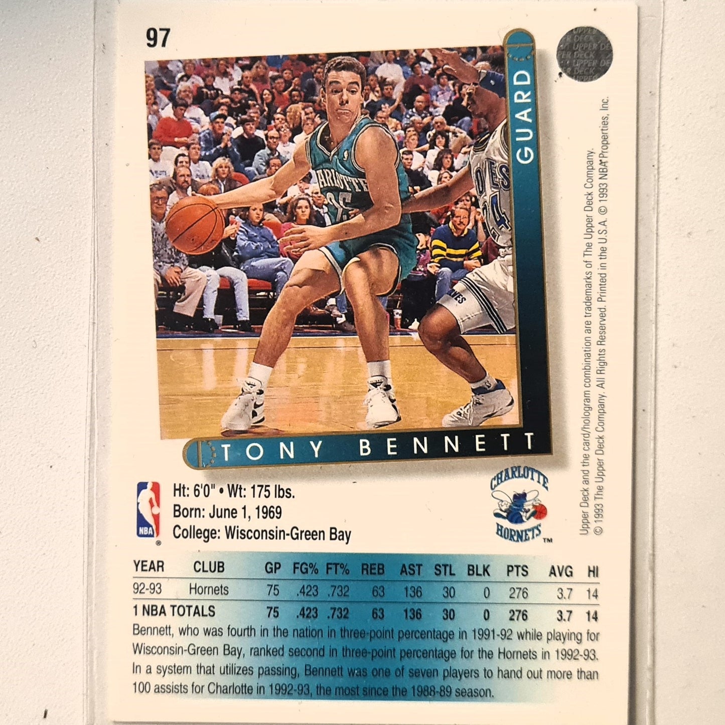 Tony Bennett 1993 Upper Deck #97 NBA Basketball Charlotte Hornets Excellent Sleeved