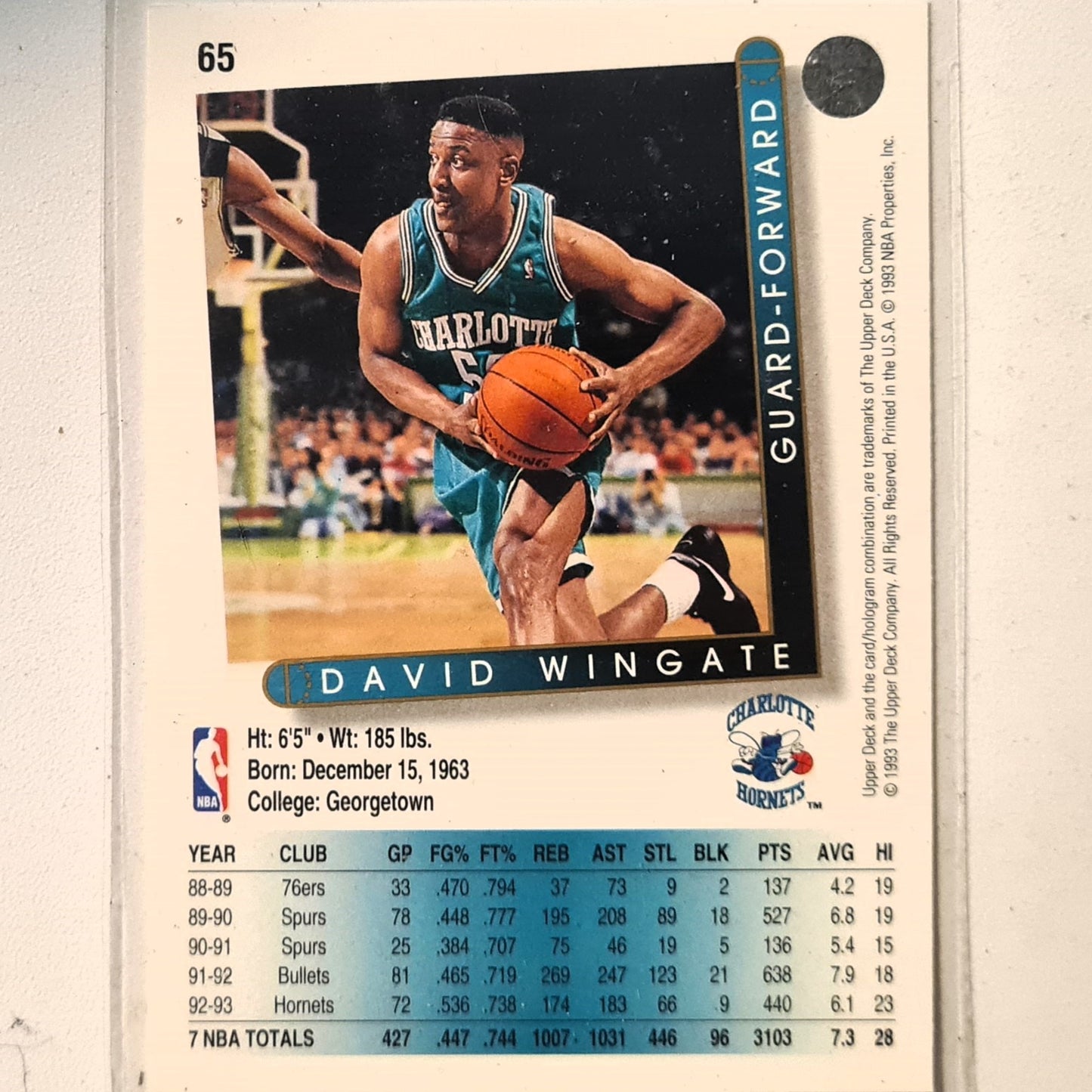 David Wingate 1993 Upper Deck #65 NBA Basketball Charlotte Hornets Excellent Sleeved