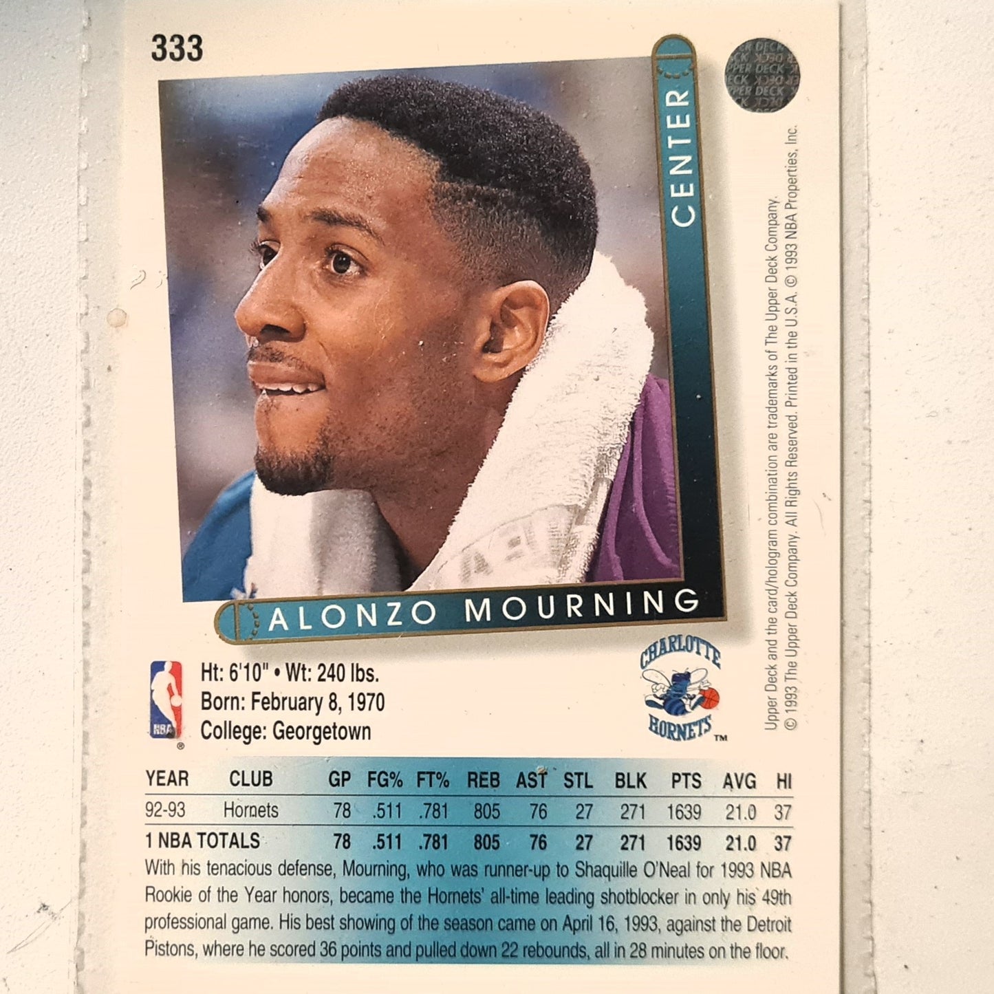 Alonzo Mourning 1993 Upper Deck #333 NBA Basketball Charlotte Hornets Excellent Sleeved