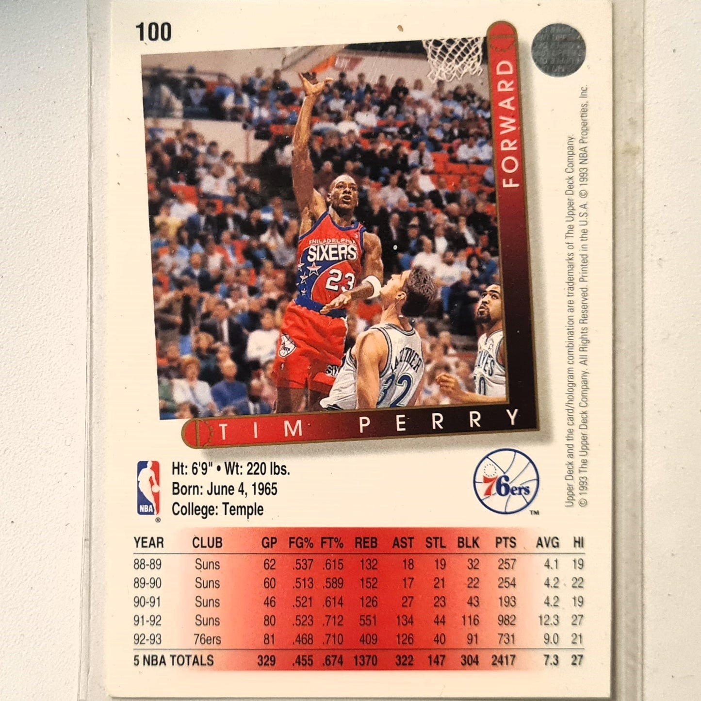 Tim Perry 1993 Upper Deck #100 NBA Basketball Philadelphia 76ers Excellent Sleeved