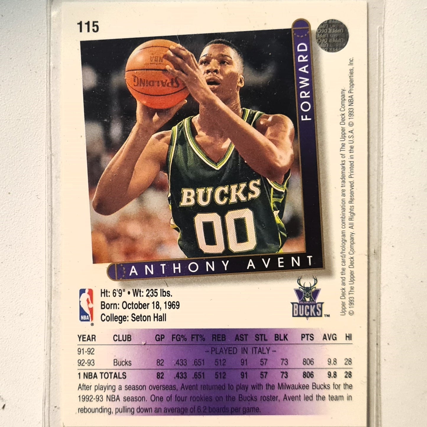 Anthony Avent 1993 Upper Deck #115 NBA Basketball Milwaukee Bucks Excellent Sleeved