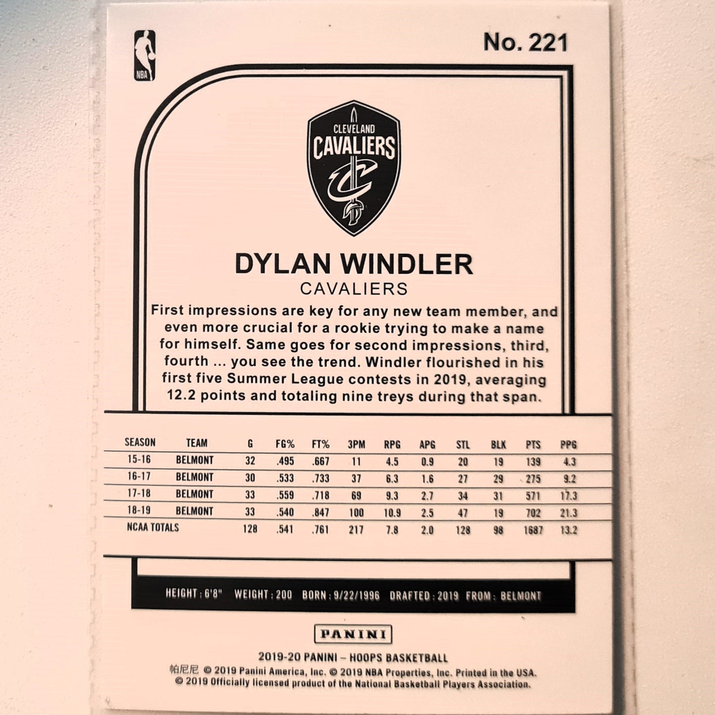 Dylan Windler 2019-20 Panini NBA Hoops rookie RC  #221 NBA Basketball Cleveland Cavaliers Excellent/mint Sleeved