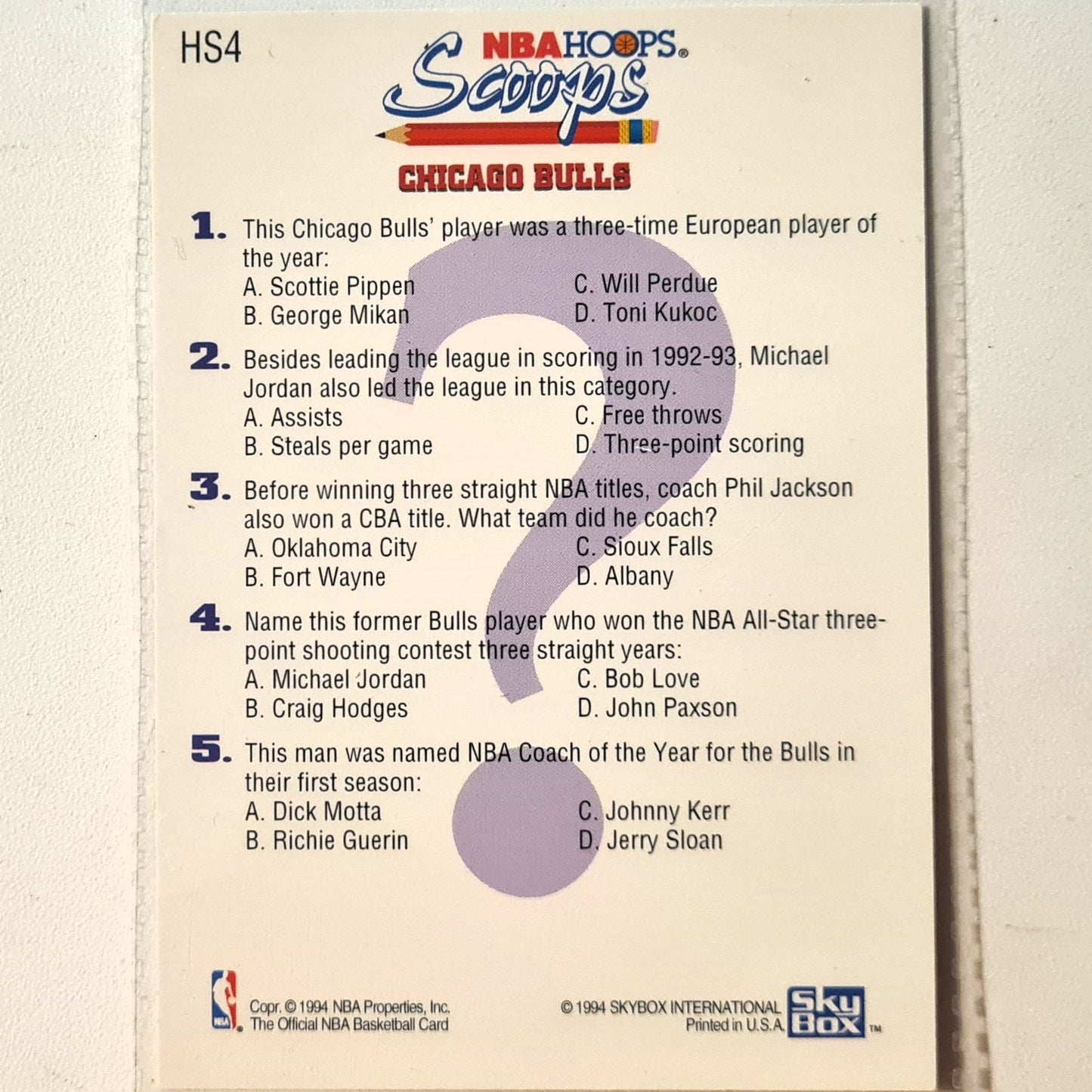Scottie Pippen 1994 NBA Hoops Scoops HS4 NBA Basketball Chicago Bulls Very good  sleeved