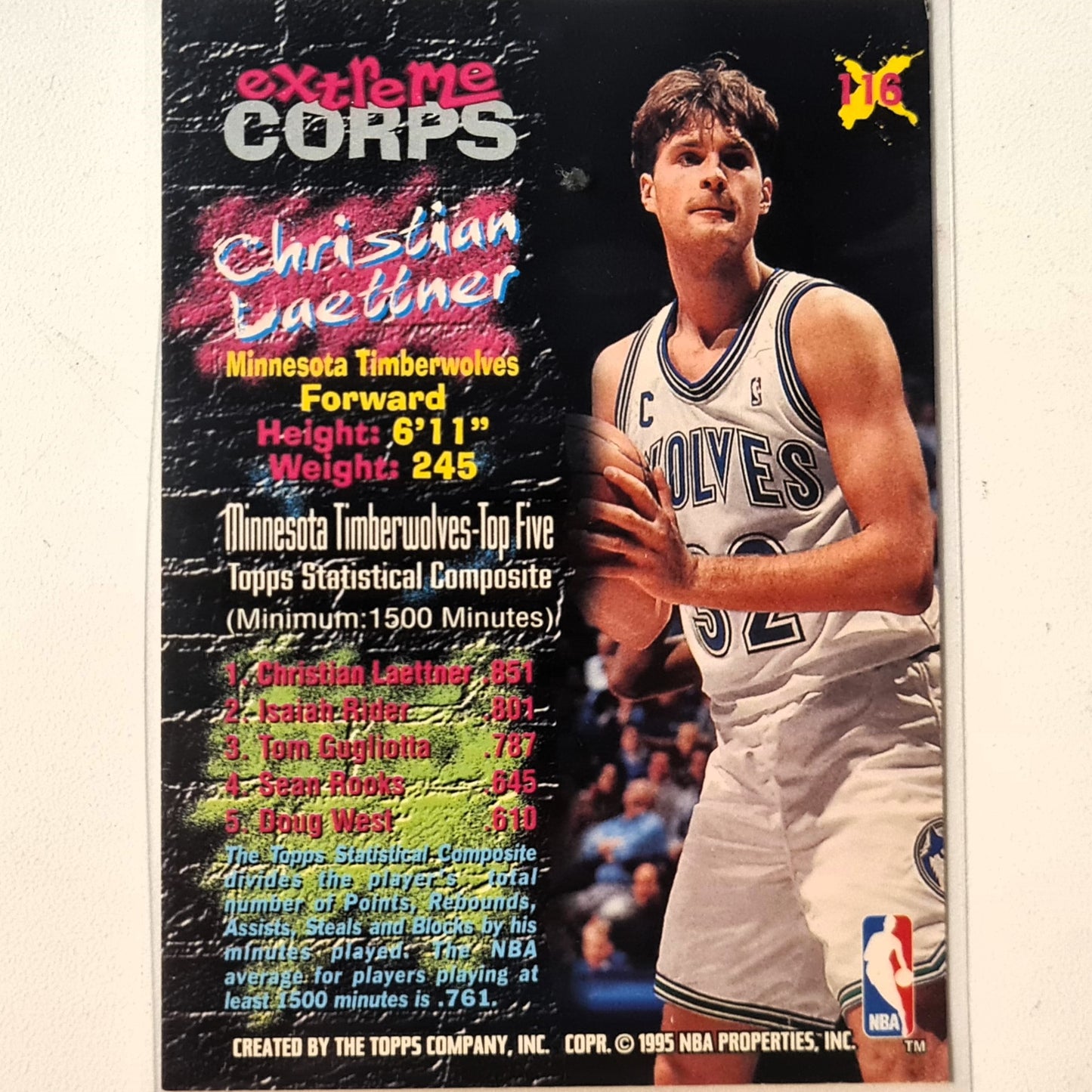 Christian Laettner 1995 Topps stadium club extreme corps #116 NBA Basketball Minnesota Timberwolves Excellent Sleeved