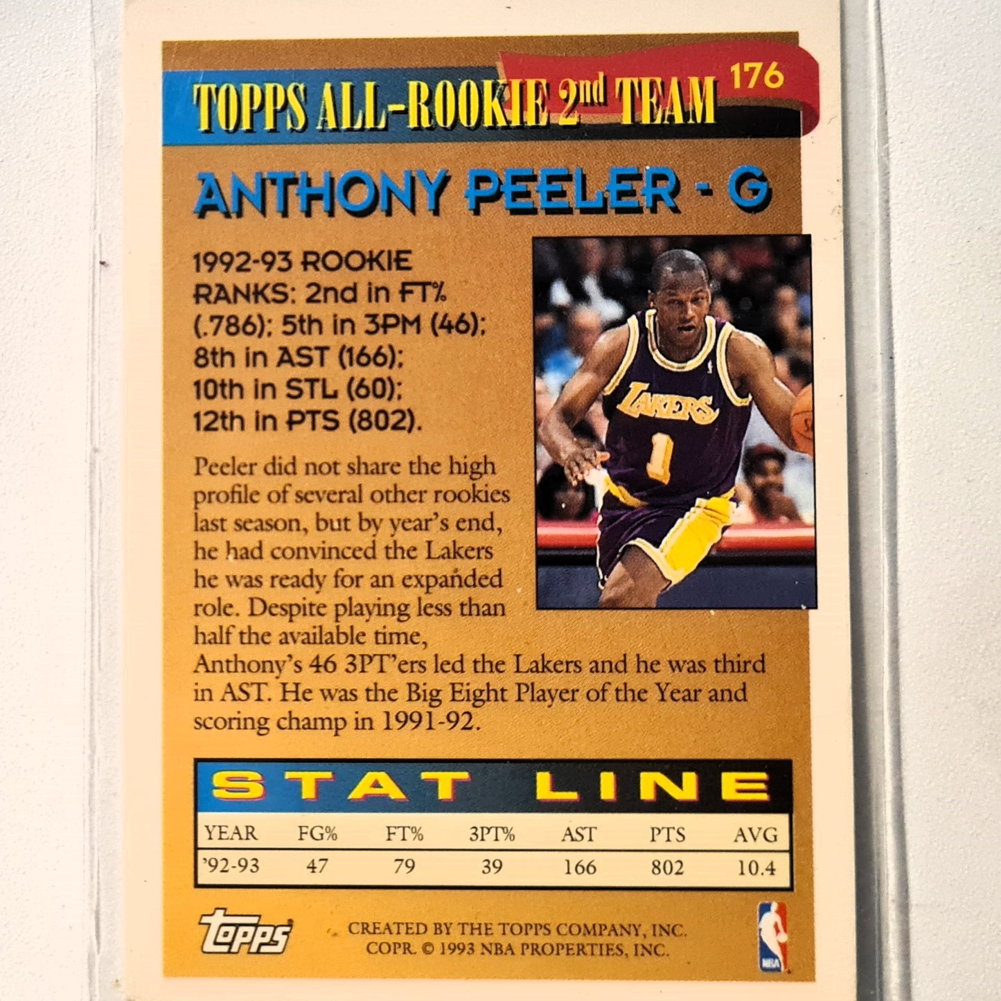 Anthony Peeler 1993 Topps All rookie 2nd team #176 NBA Basketball LA Lakers good-very good Sleeved