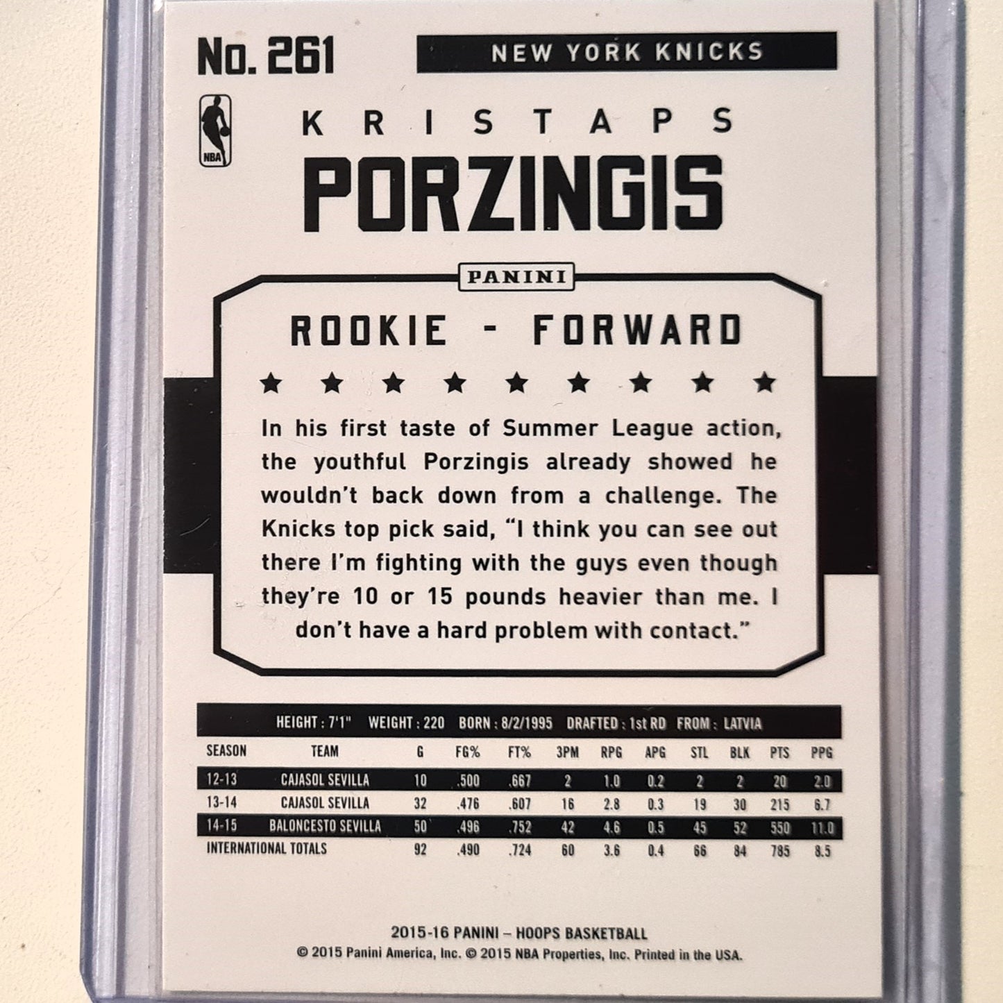 Kristaps Porzingis 2015-16 Panini NBA Hoops Rookie RC #261 NBA Basketball New York Knicks Excellent/mint Sleeved