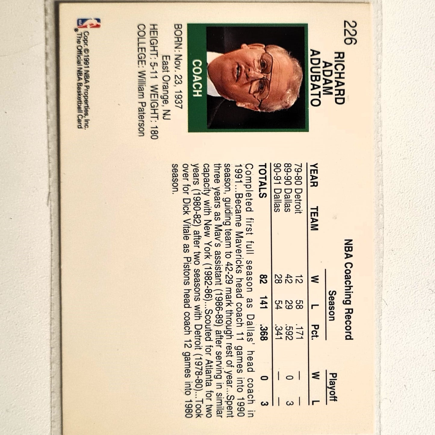Richie Abubato 1991 NBA Hoops #226 NBA Basketball Dallas Mavericks Excellent Sleeved