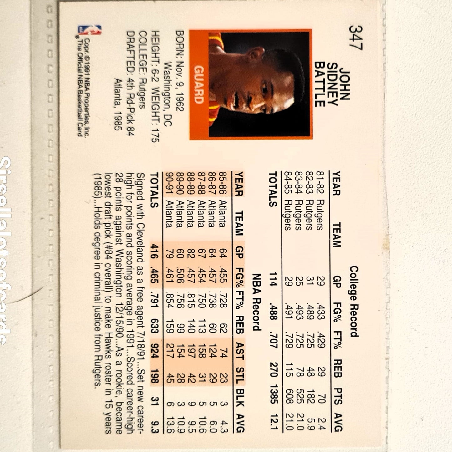 John Battle 1991 NBA Hoops #347 NBA Basketball Cleveland Cavaliers Excellent Sleeved