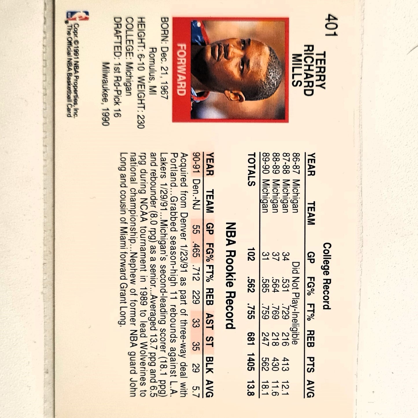 Terry Mills 1991 NBA Hoops #401 NBA Basketball New Jersey Nets Excellent Sleeved