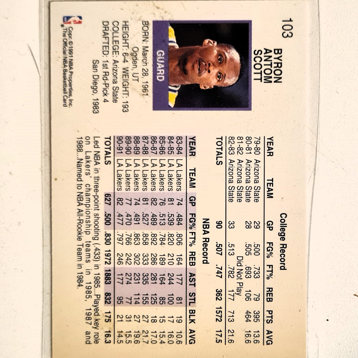Byron Scott 1991 NBA Hoops #103 NBA Basketball LA Lakers Excellent Sleeved