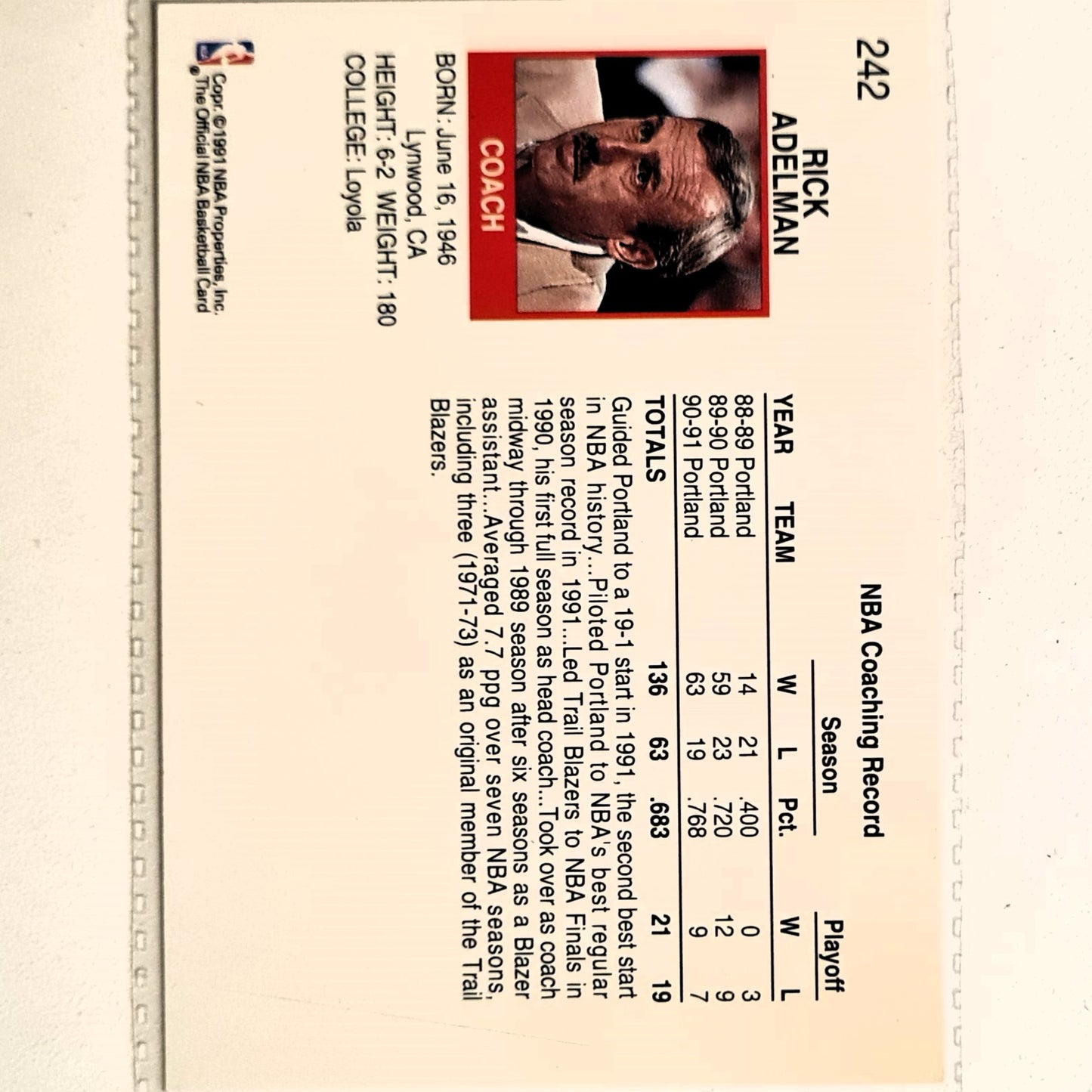 Rick Adelman 1991 NBA Hoops #242 NBA Basketball Toronto Trail Blazers Excellent Sleeved