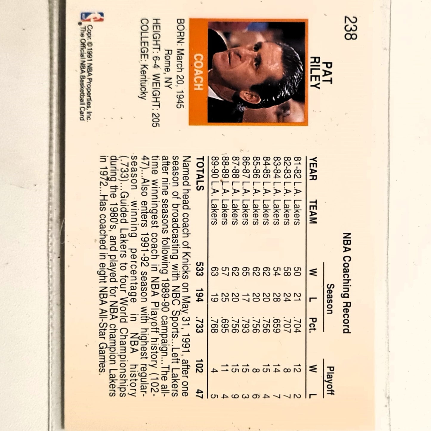 Pat Riley 1991 NBA Hoops #238 NBA Basketball New York Knicks Excellent Sleeved
