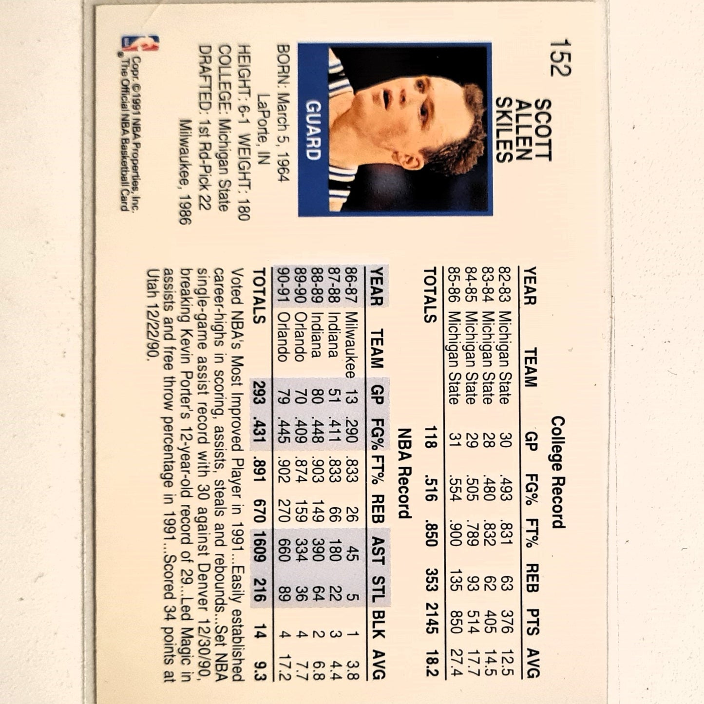Scott Skiles 1991 NBA Hoops #152 NBA Basketball Orlando Magic Excellent Sleeved