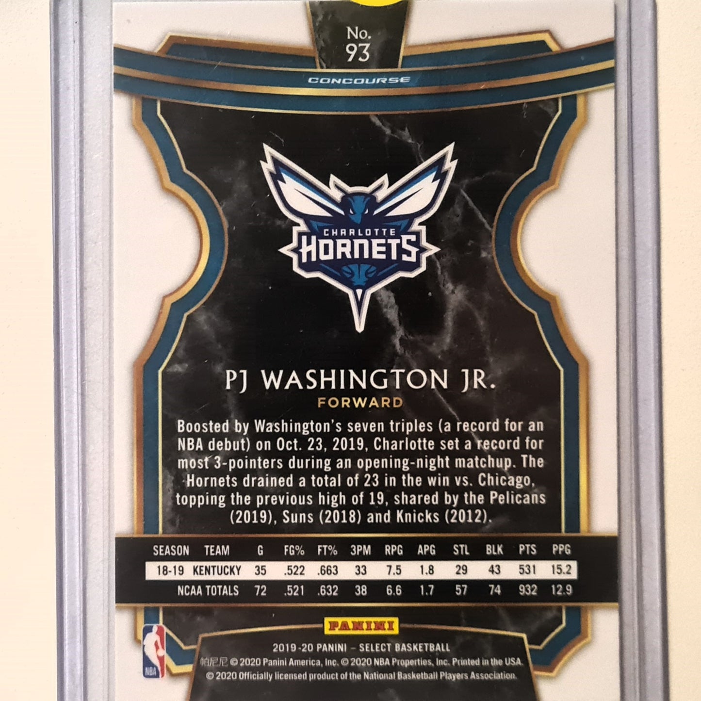 PJ Washington Jr 2019-20 Panini Select Concourse Rookie RC  #93 NBA Basketball Charlotte Hornets mint sleeved