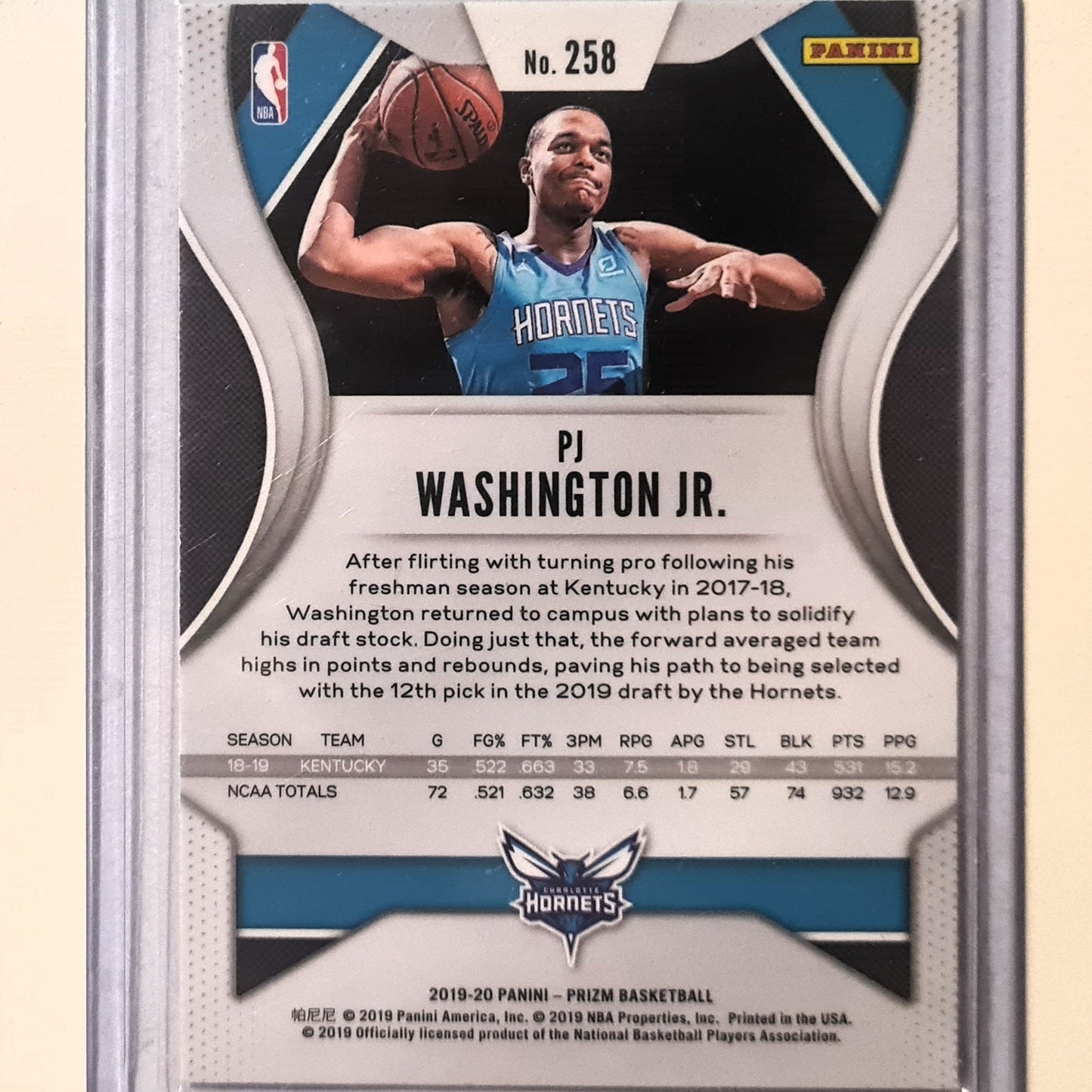 PJ Washington Jr 2019-20 Panini Prizm Rookie RC  #258 NBA Basketball Charlotte Hornets mint sleeved