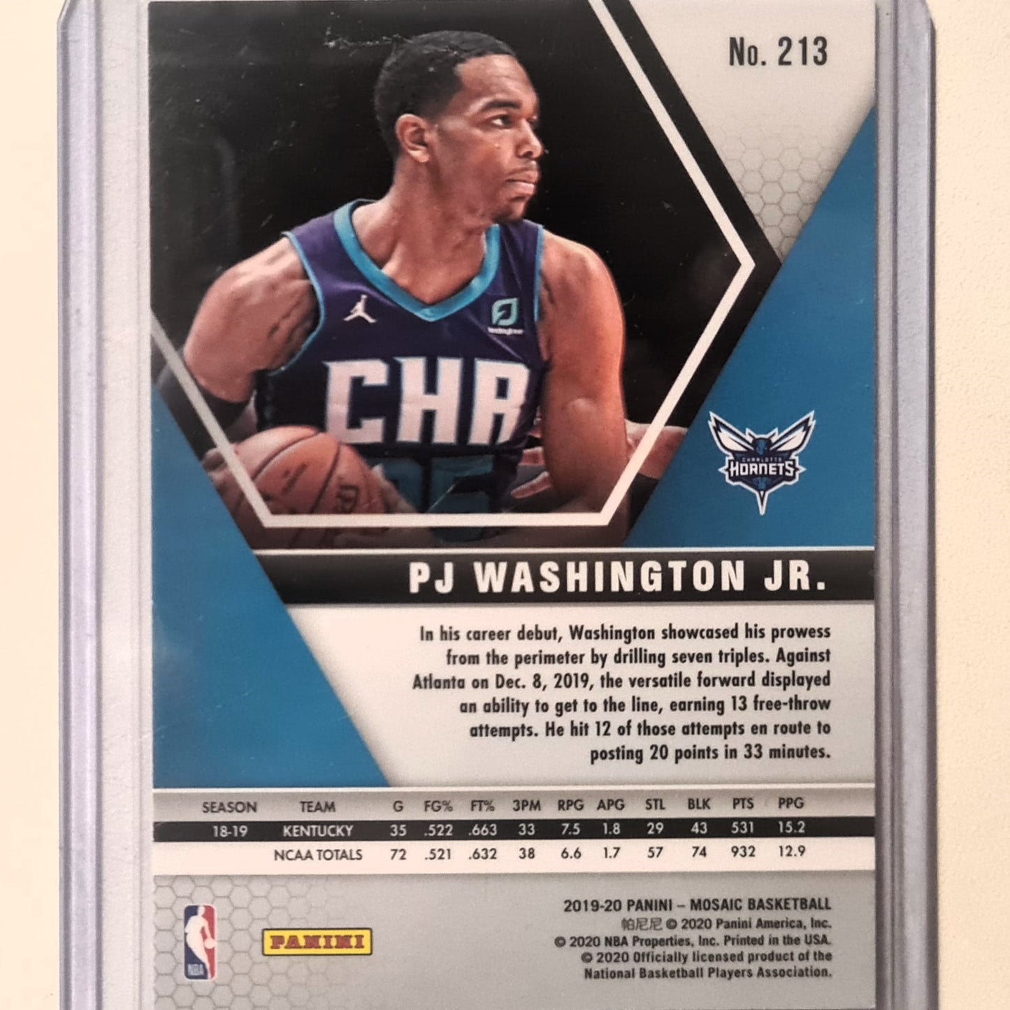 PJ Washington Jr 2019-20 Panini Mosaic #213 NBA Basketball Charlotte Hornets mint sleeved