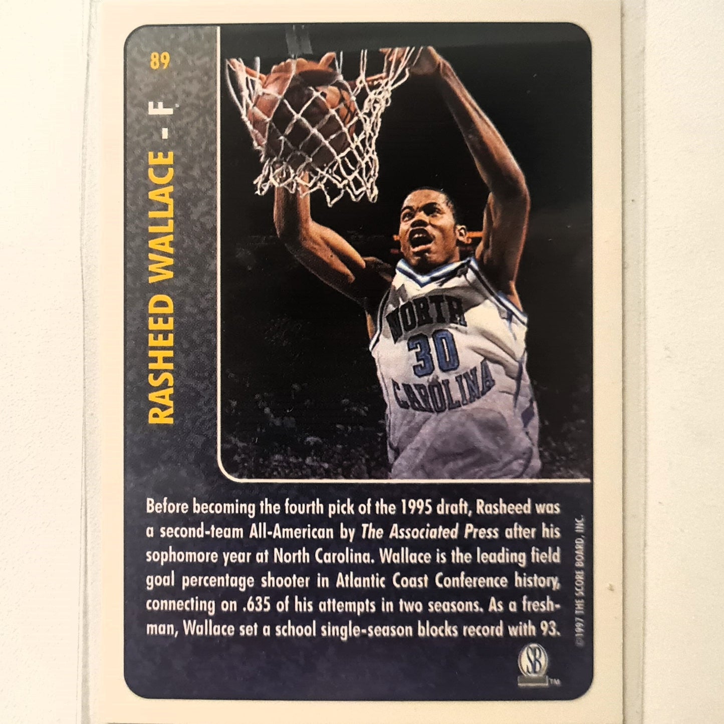 Rasheed Wallace 1997 score board Basketball Rookies Back in the Day #89 North Carolina Excellent Sleeved