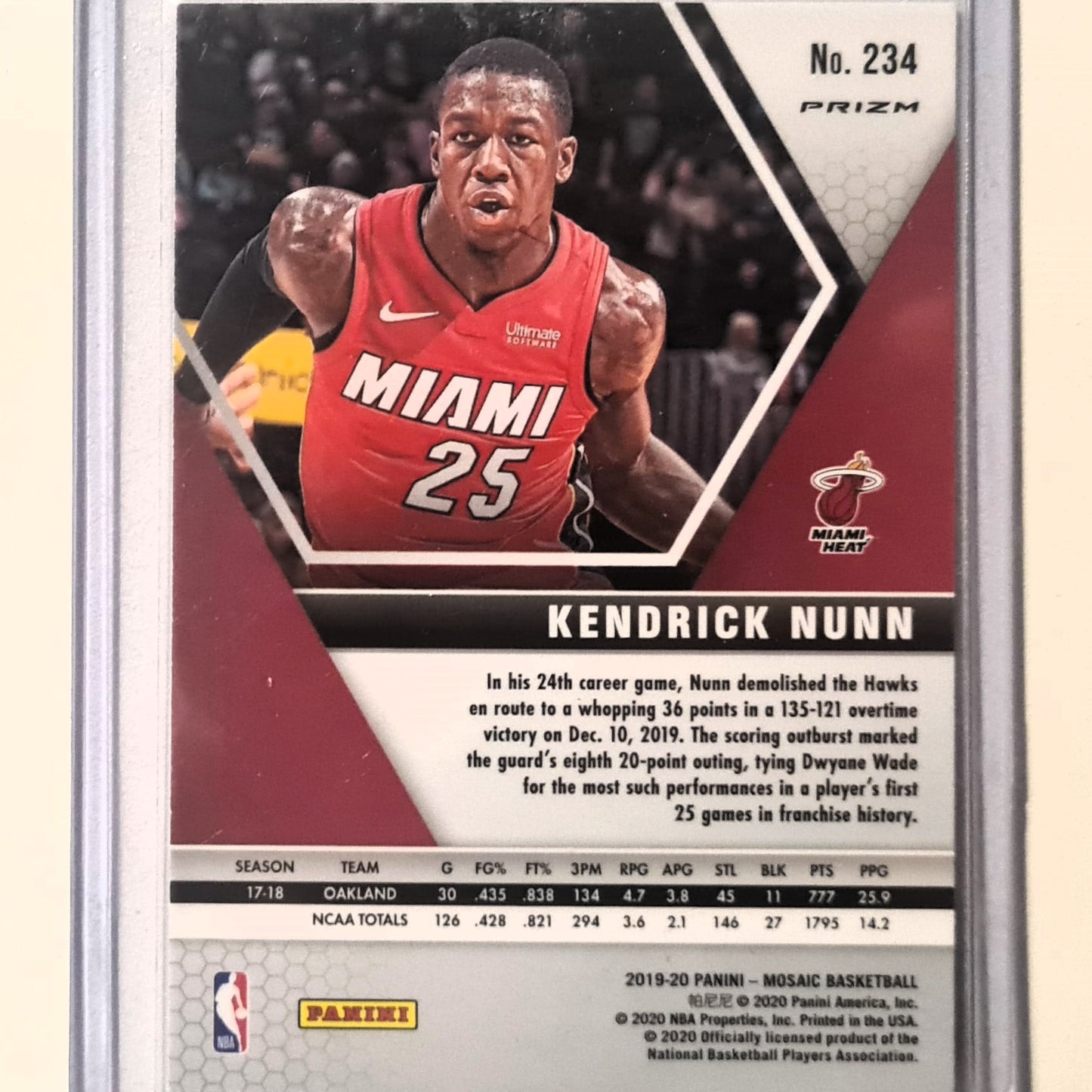 Kendrick Nunn Panini Mosaic orange/purple reactive prizm Rookie RC #234 NBA Basketball Miami Heat Mint Sleeved