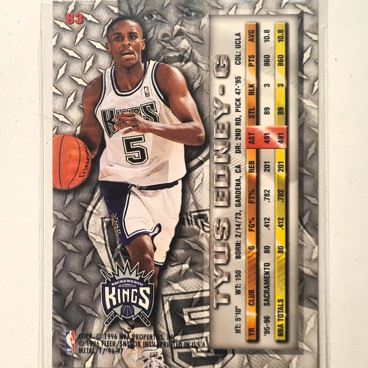 Tyus Edney 1996 Fleer metal 96-97 #83 NBA Basketball Sacramento Kings Excellent sleeved